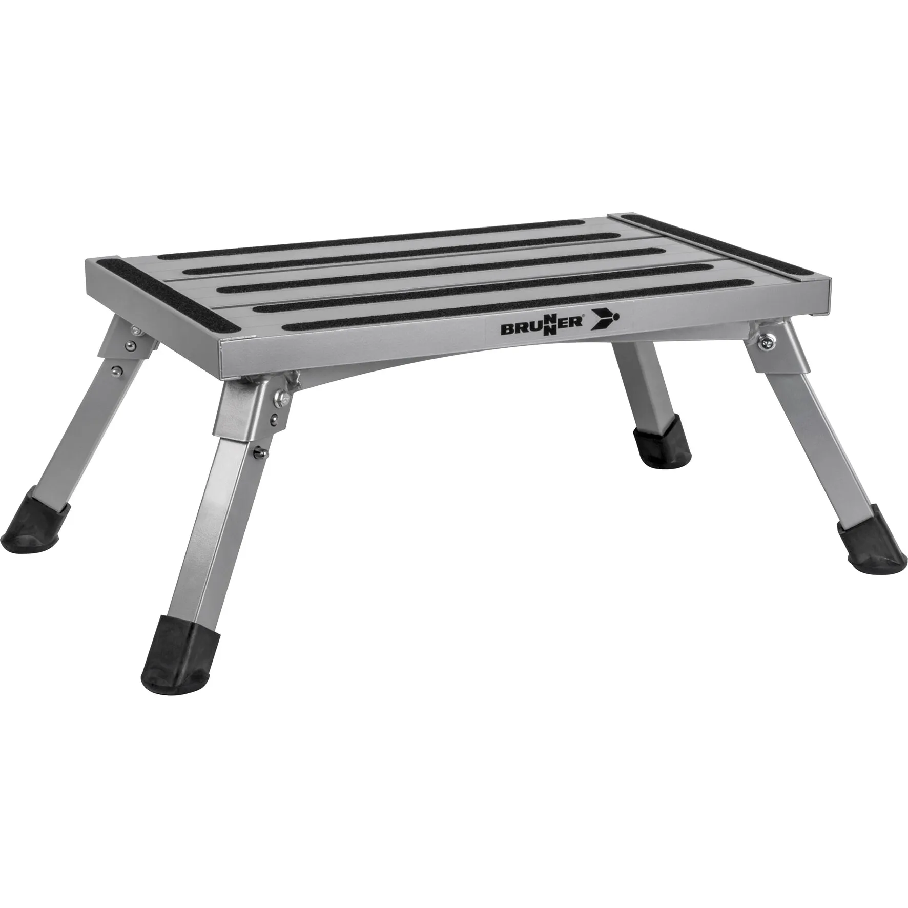 Brunner GoStep NG Trittstufe aus Aluminium mit rutschhemmender Standfläche, vier ausklappbaren Beinen und schwarzen Fußkappen