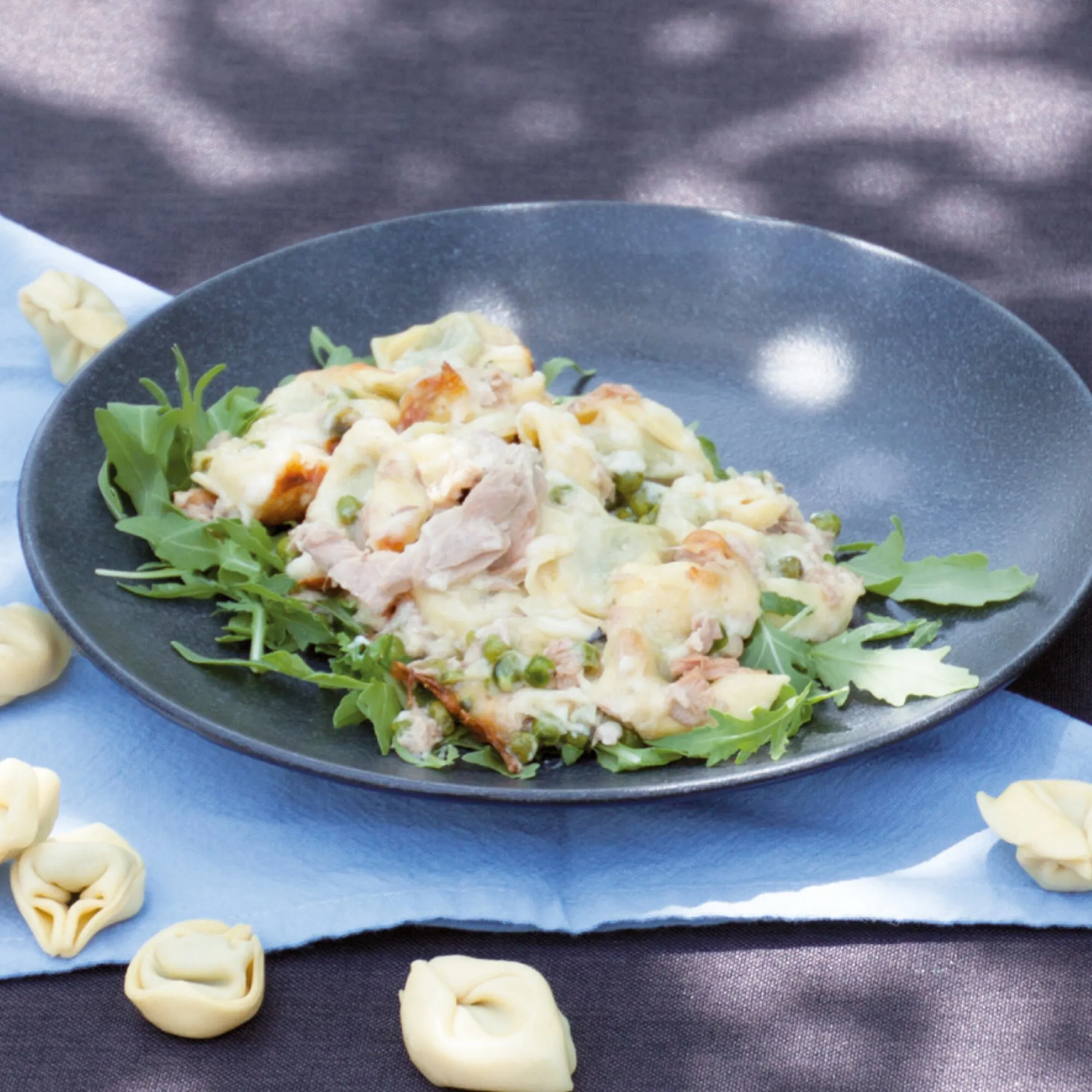 Überbackene Tortellini mit cremiger Soße, Erbsen und Thunfisch auf Rucola in einem dunklen Teller angerichtet