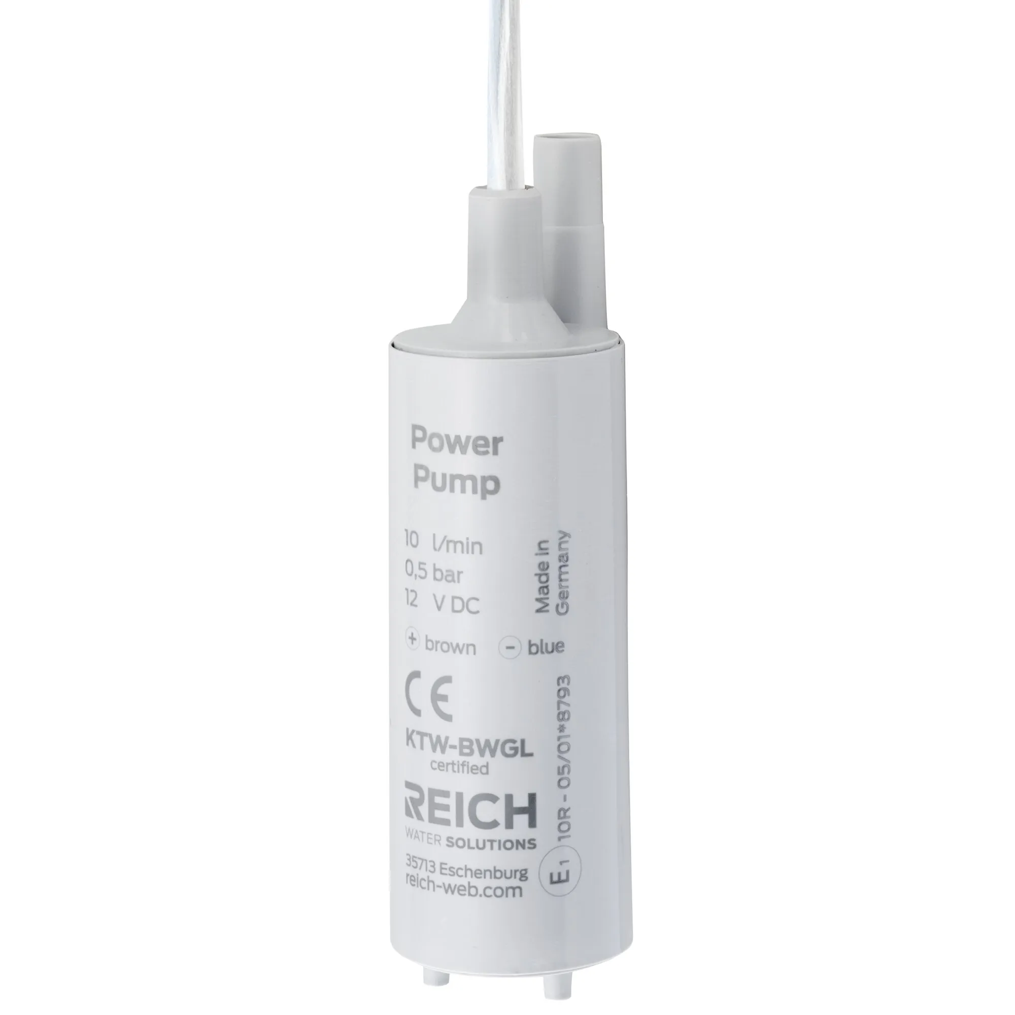 Weiße zylindrische Tauchpumpe Power Pump mit Rohranschluss, 10 l/min Förderleistung und 12 V Gleichspannung 
