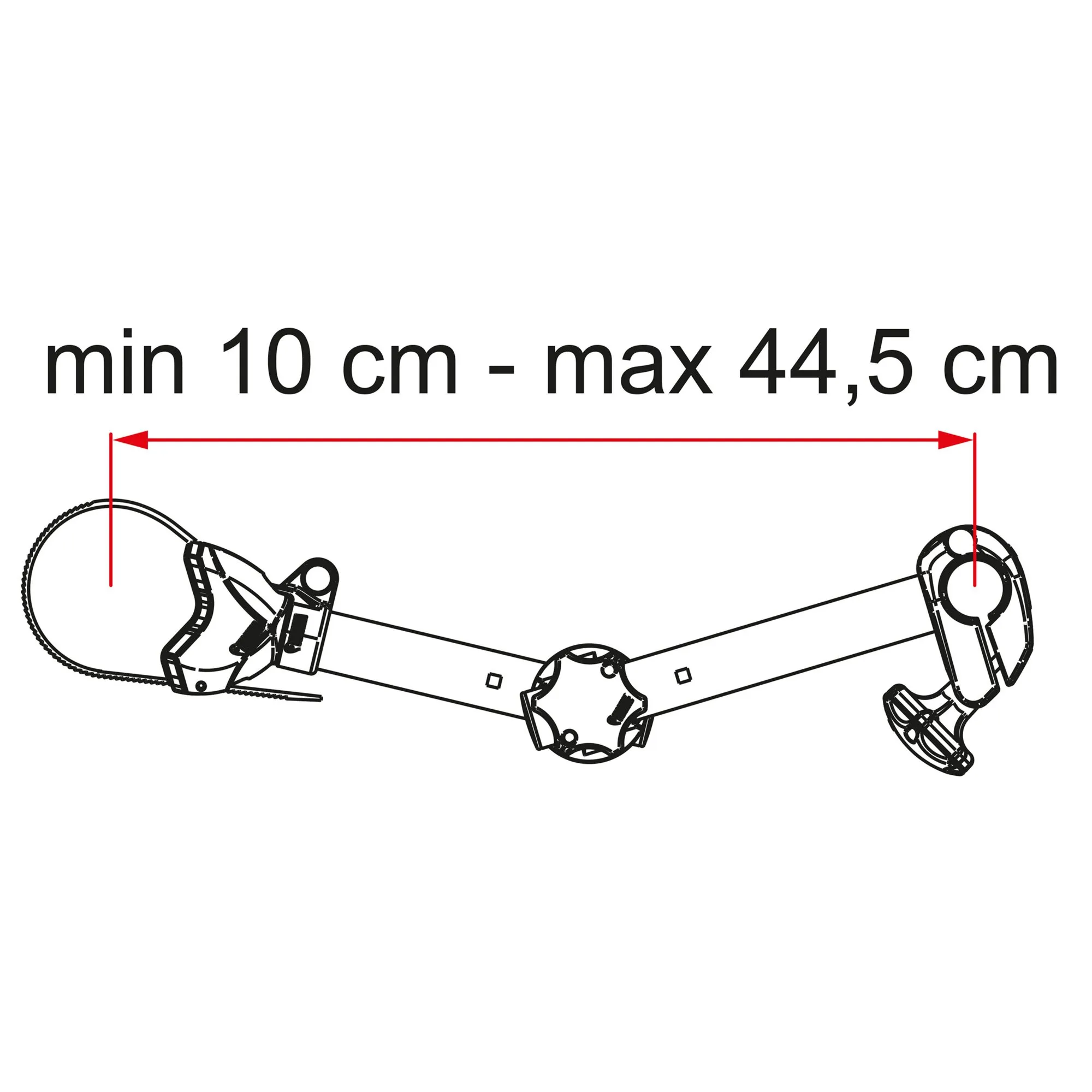 Fahrradhalter Bike-Block Pro S, Pro S D1 als technische Zeichnung mit Maßpfeil für einen Abstand von 10 bis 44,5 cm