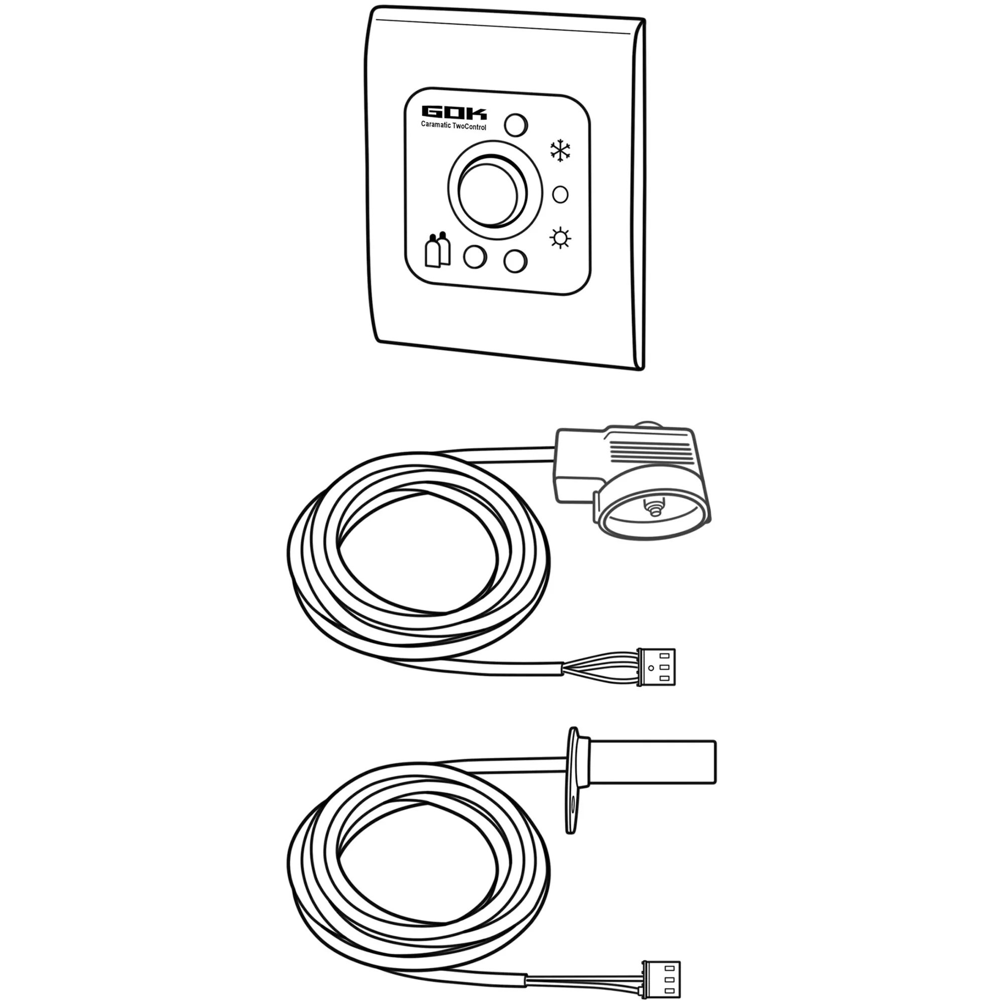 Caramatic TwoControl Reglerheizung mit Bedienpanel, zwei aufgewickelten Anschlusskabeln und zugehörigen Sensor- und Steckereinheiten