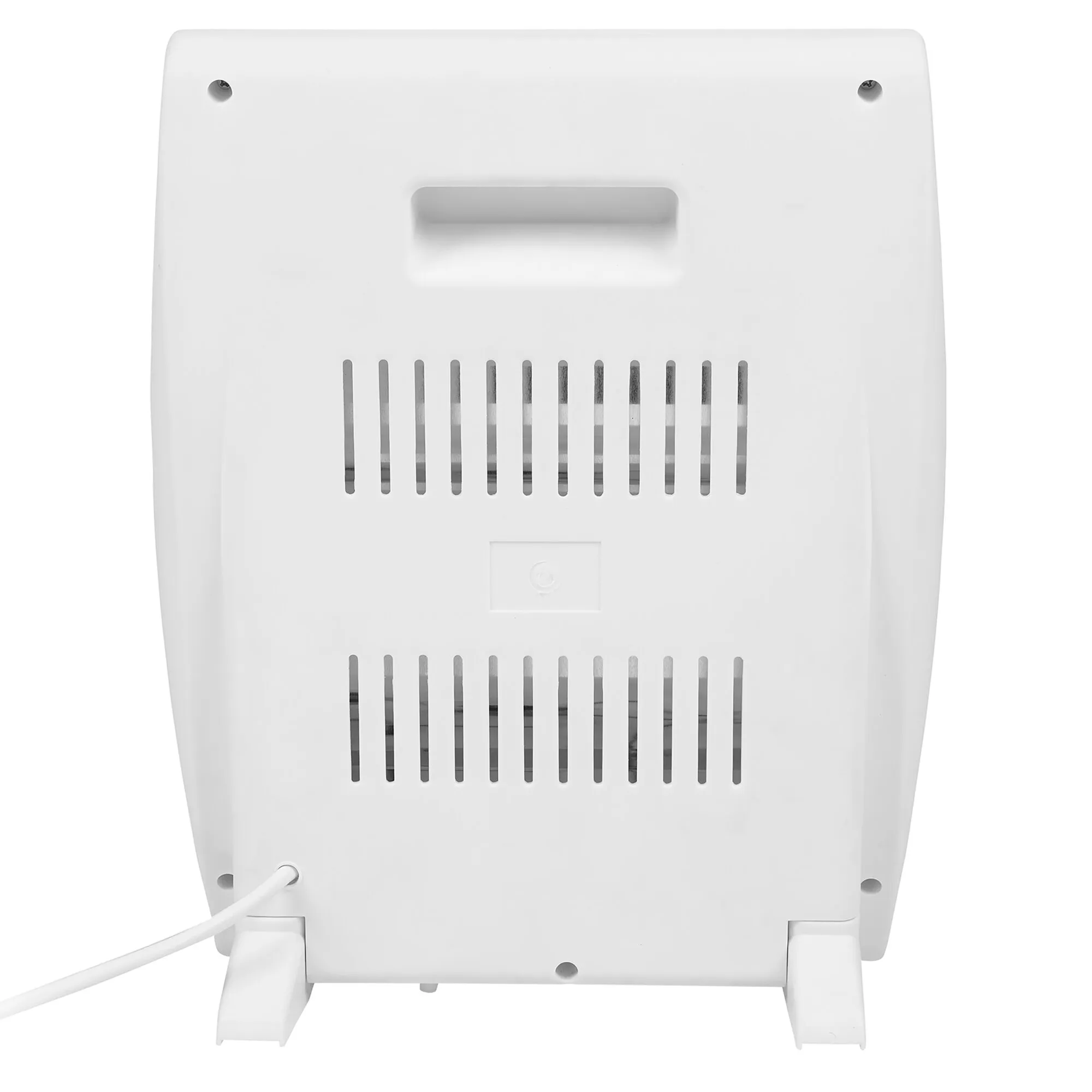 Weiße elektrische Quartzheizung mit Lüftungsschlitzen, Ein-Aus-Schalter, Netzkabel und zwei Standfüßen in Rückansicht
