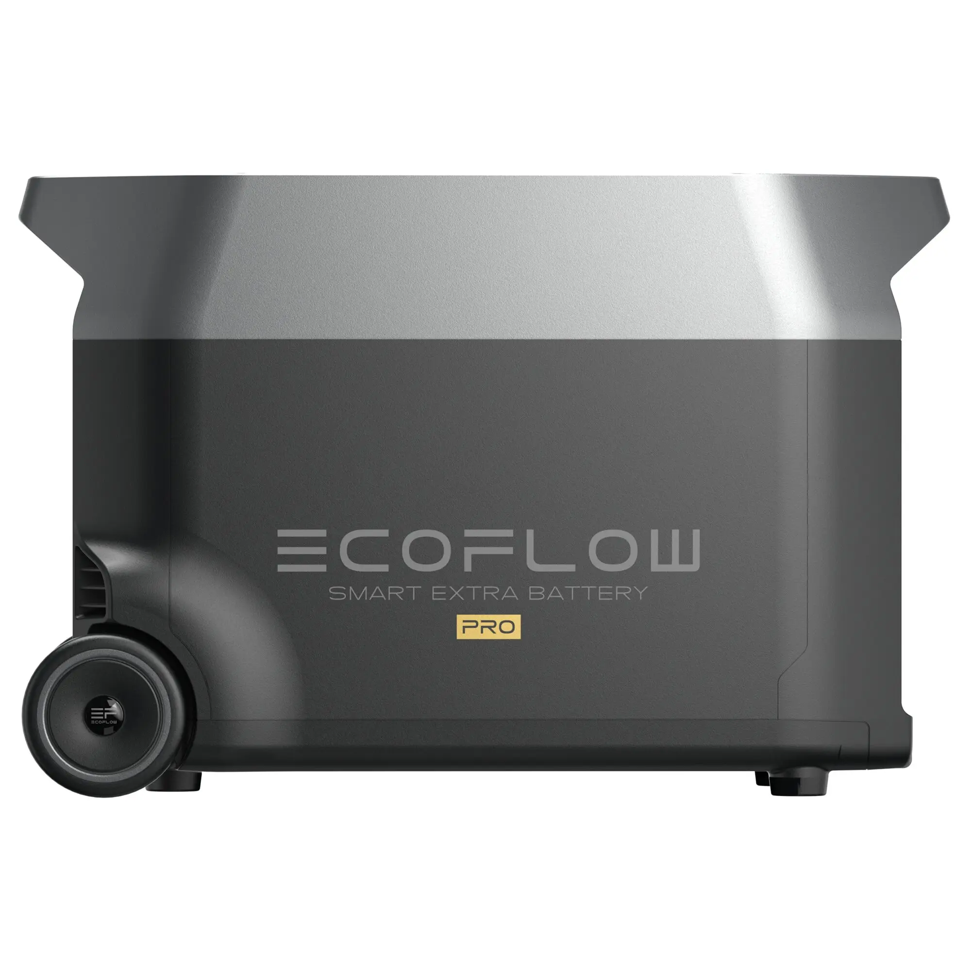 Schwarzer EcoFlow Delta Pro Akku mit silberner Oberseite, ECOFLOW-Logo und goldfarbenem PRO-Hinweis, linke Unterseite mit Rundrad sichtbar
