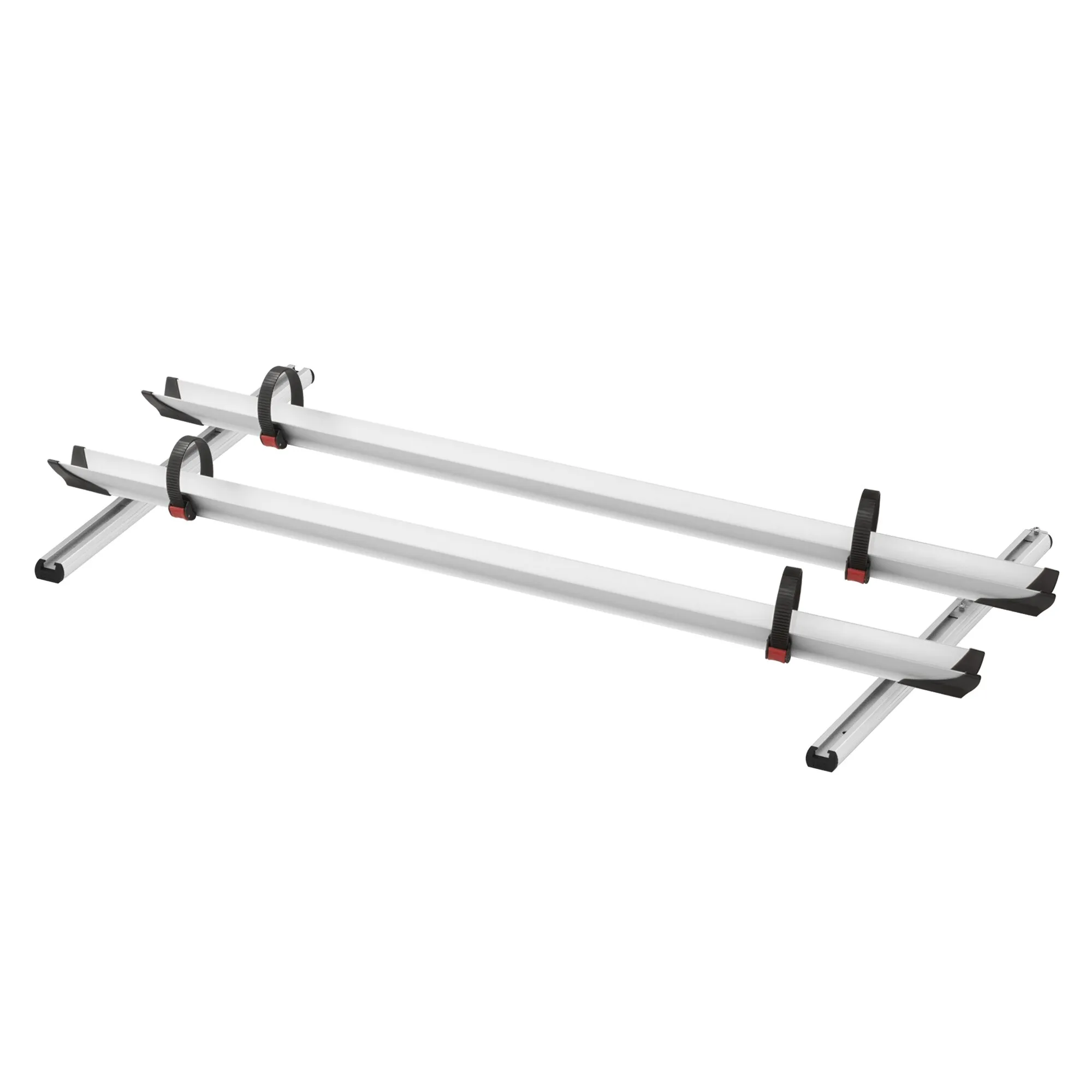 Ordnungssystem Garage Pack Plus mit zwei langen weißen Tragschienen, schwarzen Spanngurten mit roten Verschlüssen und Querstreben