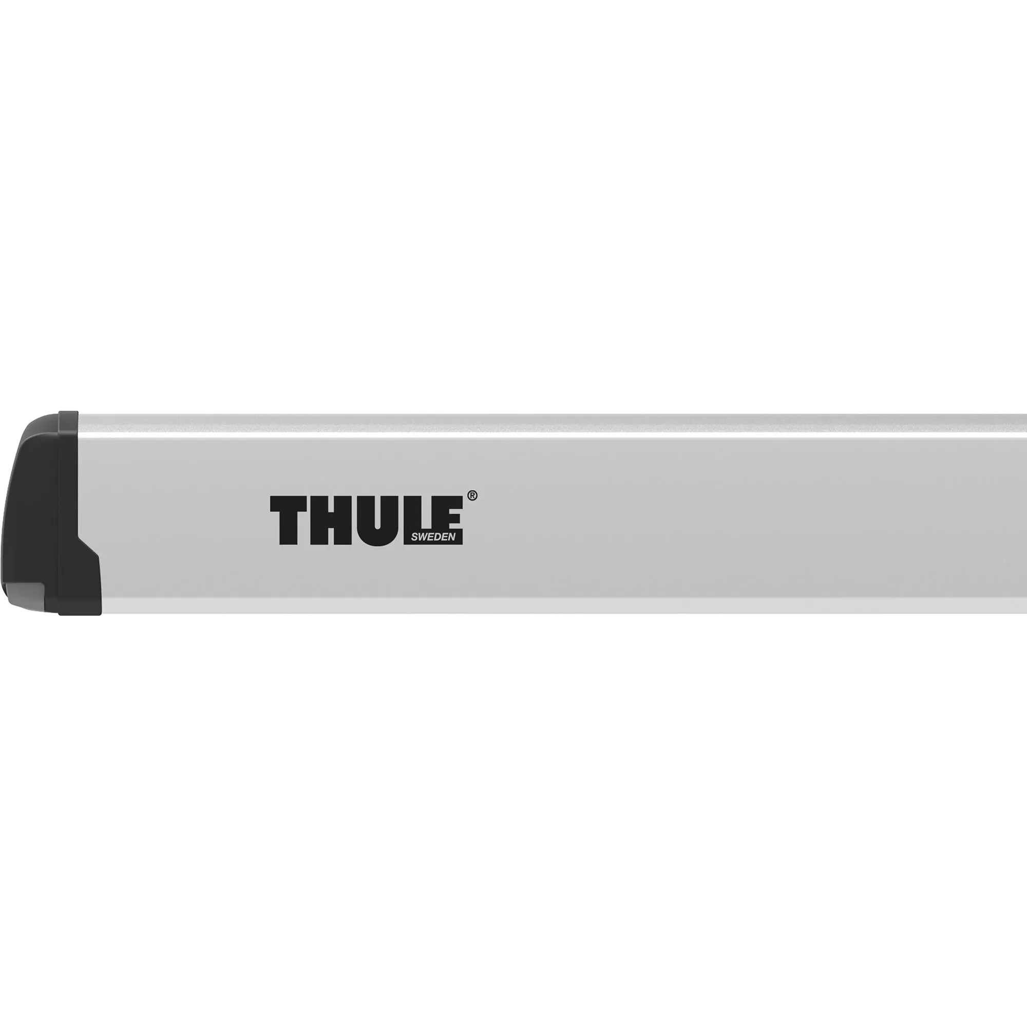 Thule Markise 3200 in Mystic Grau mit anthrazitfarbenem Gehäuse und sichtbarem Thule-Sweden-Logo, Detailansicht der Kassette