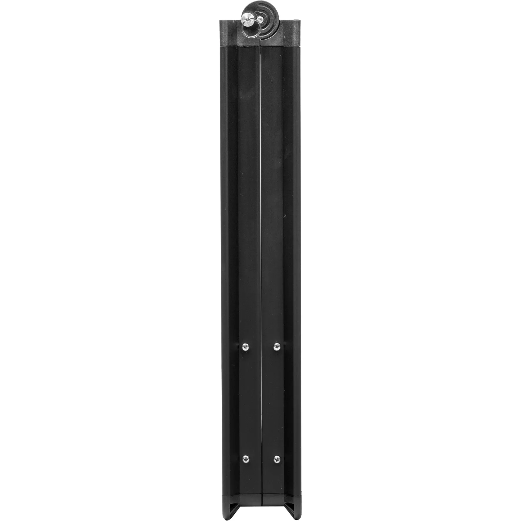 Schwarzer Klapptisch Dinemic, 126 cm, zusammengeklappt als schmales Rechteck mit Verschluss, Schrauben und Standfüßen
