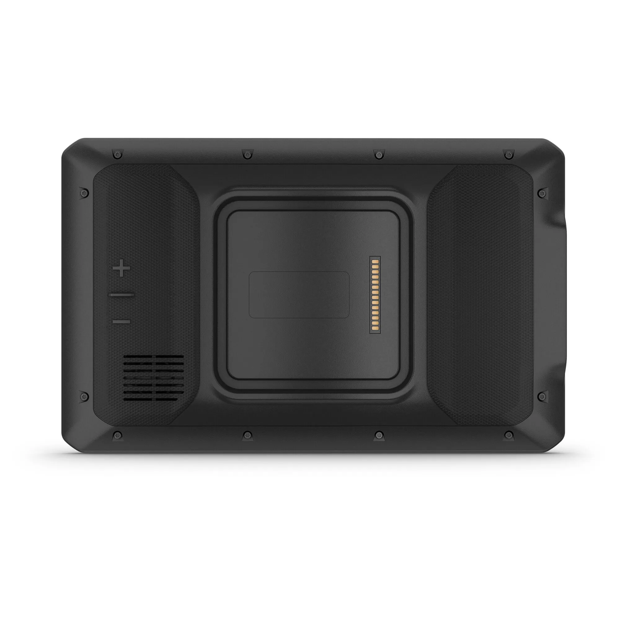 Garmin VIEO RV Bedienteil mit 8-Zoll-Display, schwarze Rückseite mit Lautsprechern, Anschlüssen und Befestigungsschrauben