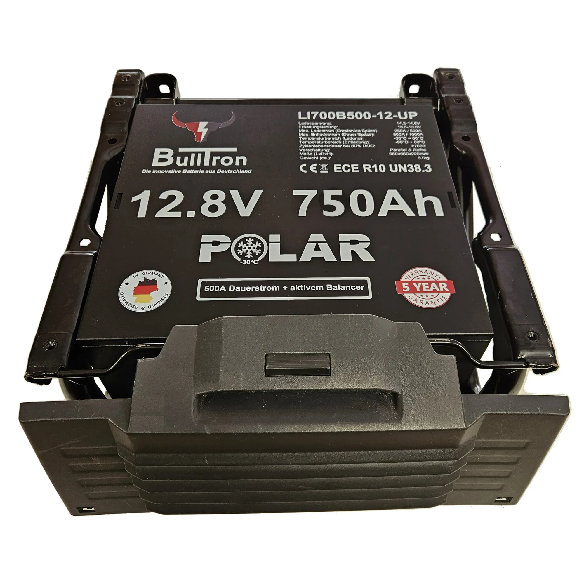 Schwarze Lithiumbatterie Polar Unter Sitz mit Griffen, sichtbar 12.8V 750Ah, Logo BulIron, Modell LI700B500-12-UP, 5 Jahre Garantie