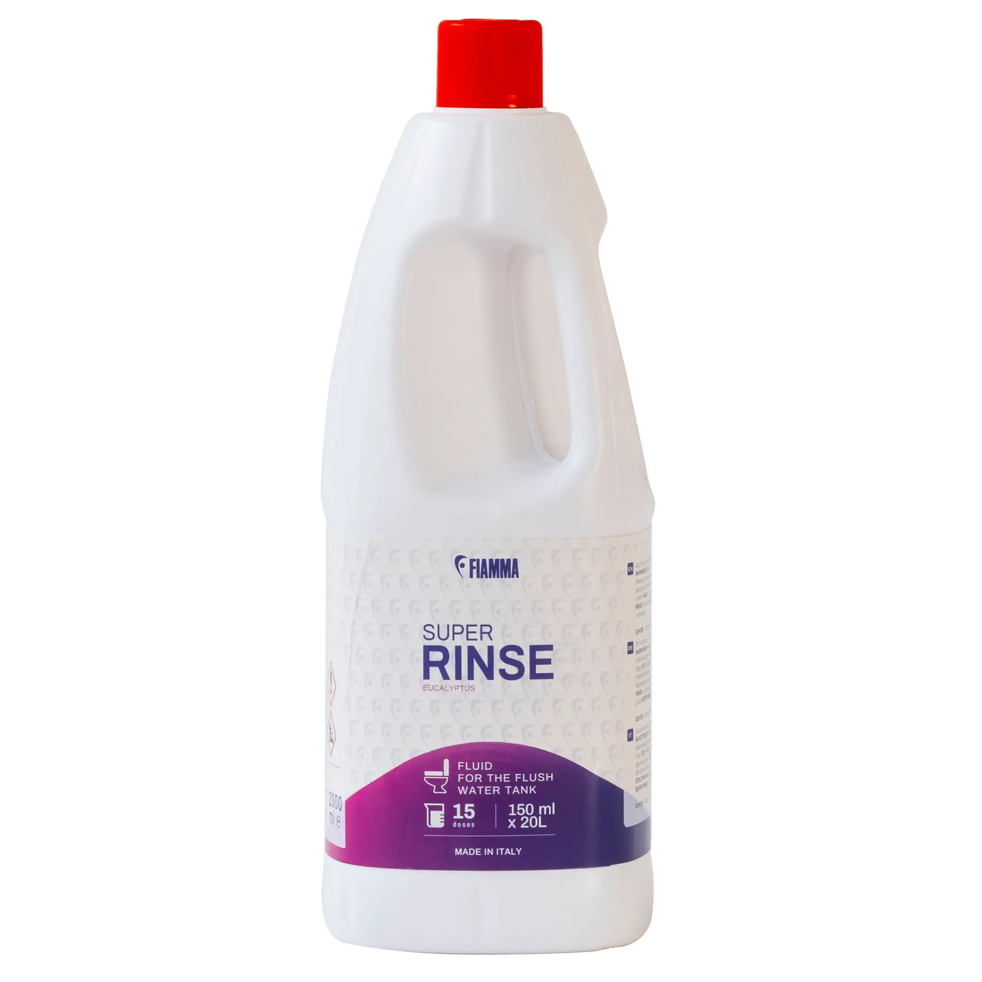 Weiße Kunststoffflasche mit rotem Deckel und Griffmulde, Etikett mit lila Band und der Aufschrift SUPER RINSE, Eukalyptus