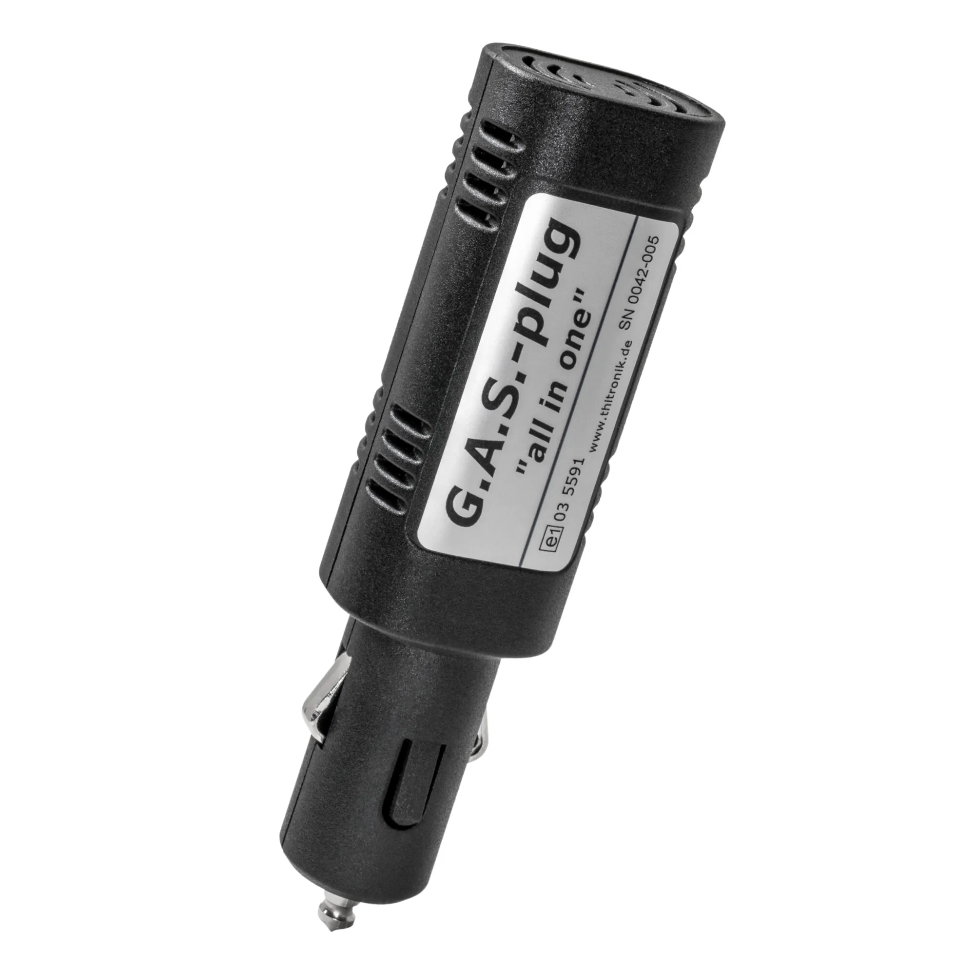 Schwarzer Gaswarner G.A.S.-plug „all in one“ mit Lüftungsschlitzen und 12-Volt-Stecker in Detailansicht