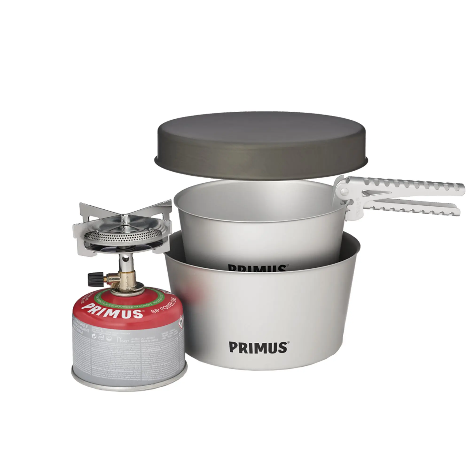 Primus Gaskocher-Set mit Gasflasche, Edelstahlkochtopf mit Deckel, Brenner und faltbaren Stützen