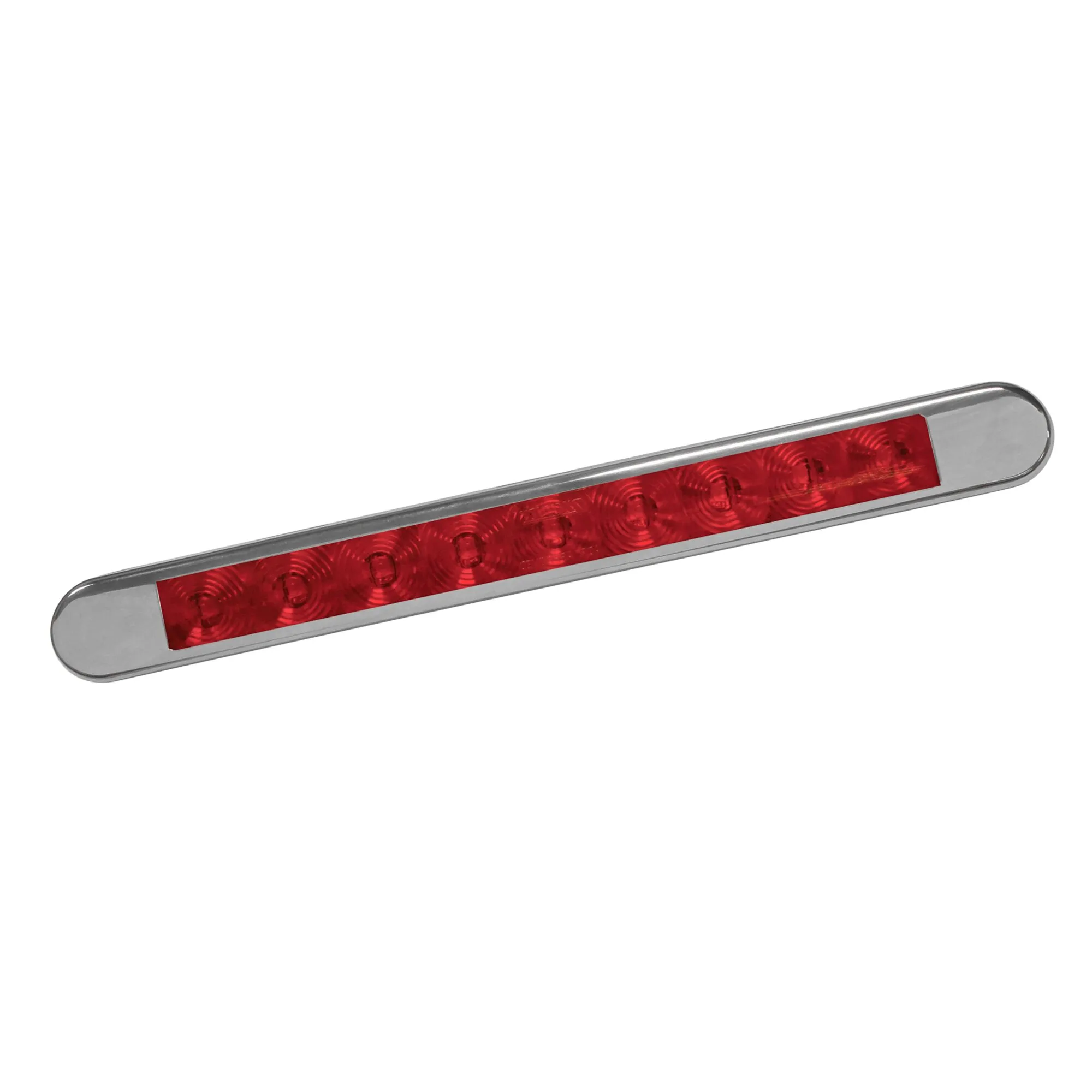 Schmale LED-Heckleuchte in Leistenform mit roter Nebelschlussleuchte und silbernem Gehäuse, schräge Ansicht