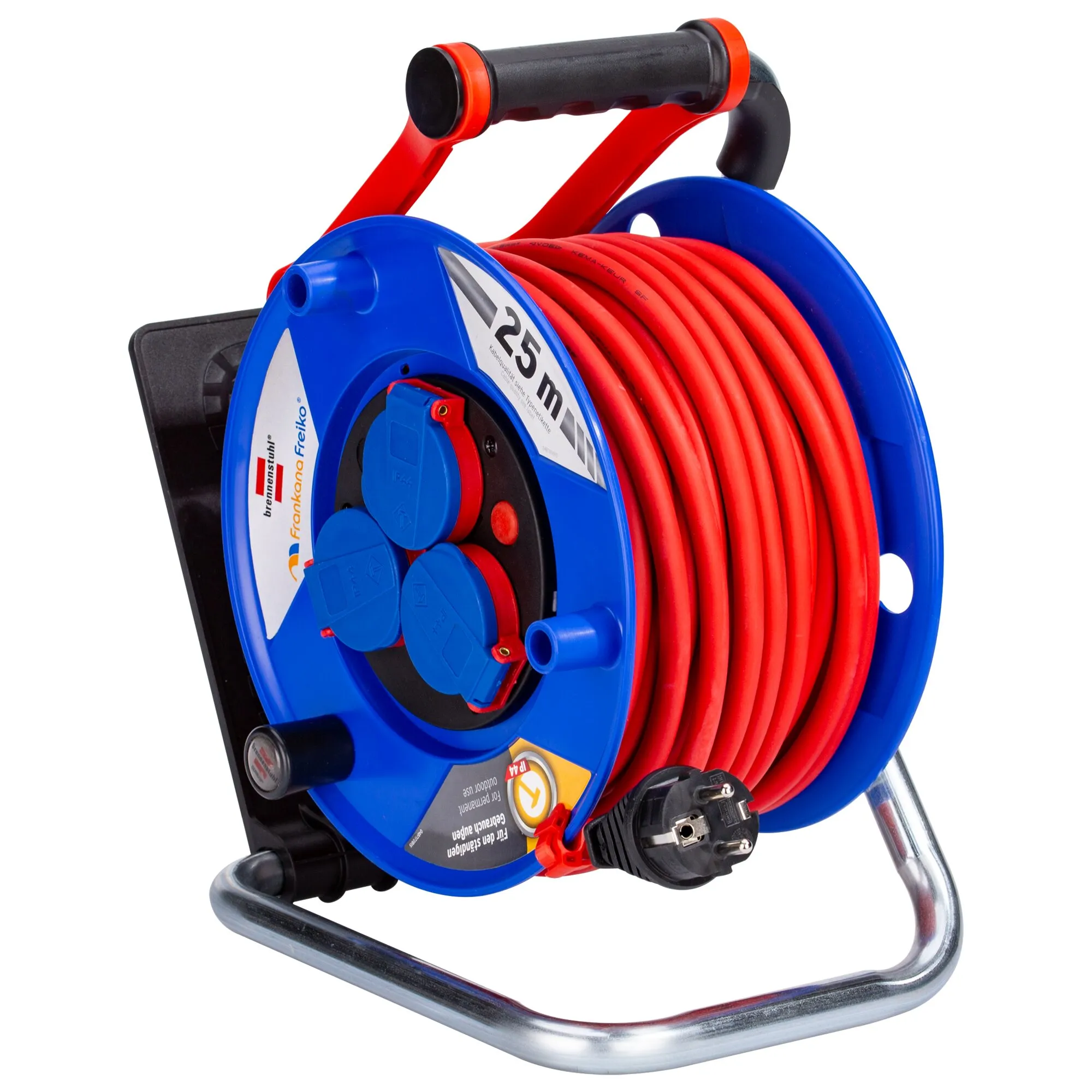 Blaue Kabeltrommel Schuko 240 mit rotem 25-Meter-Kabel, vier Steckdosen, schwarzem Griff und verzinktem Metallgestell