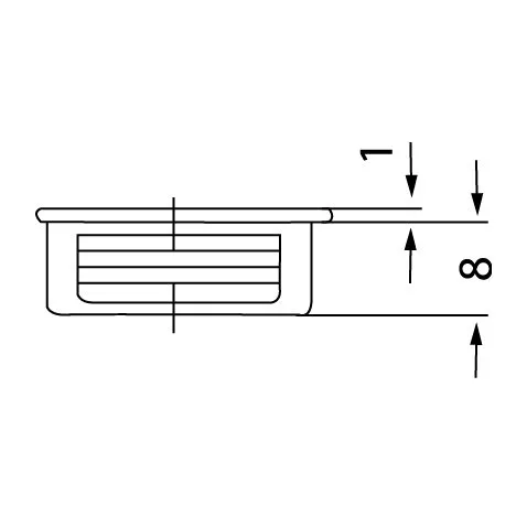 Technische Seitenansicht eines PVC-Möbelverbinders mit geriffelter Aufnahme und den Maßangaben 1 und 8