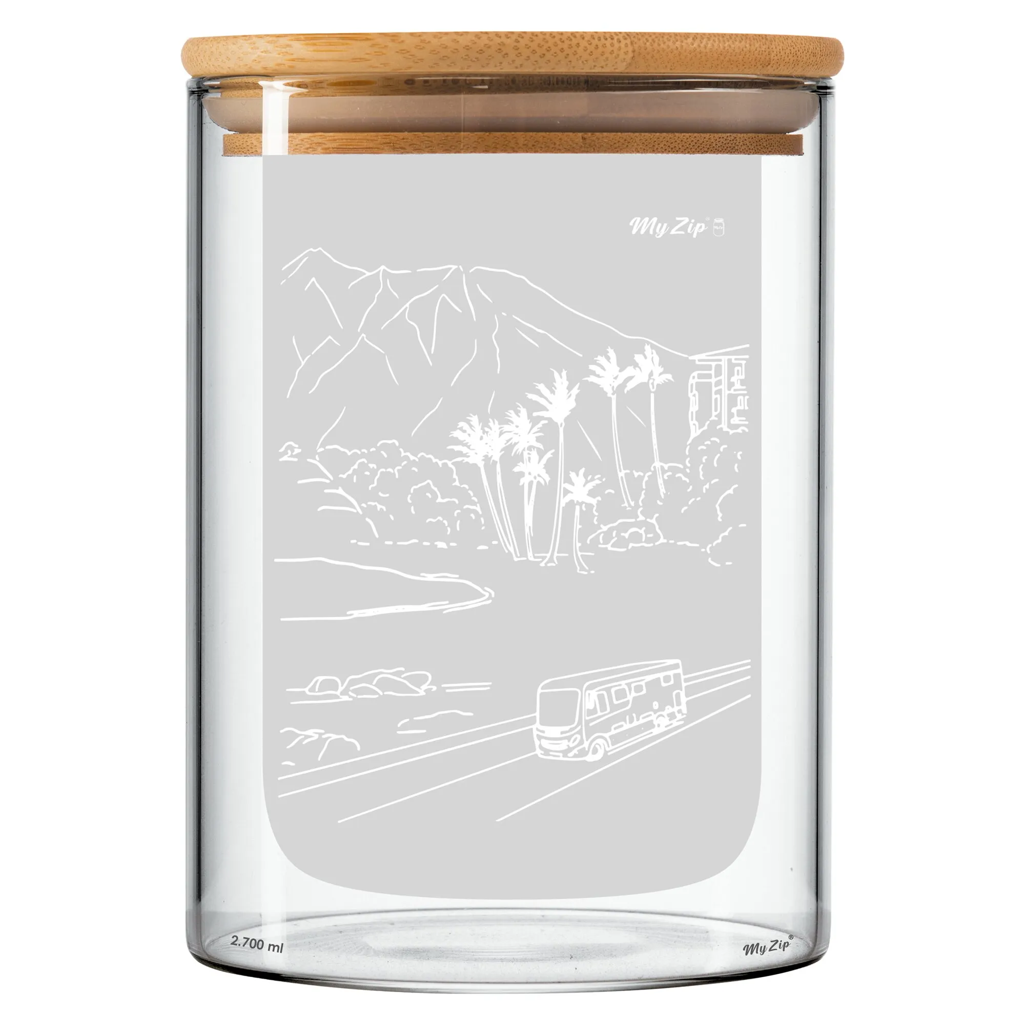 Glasbehälter mit rundem Holzdeckel, graues Etikett zeigt Berg- und Palmenlandschaft, MyZip Logo und 2.700 ml Kapazität sichtbar