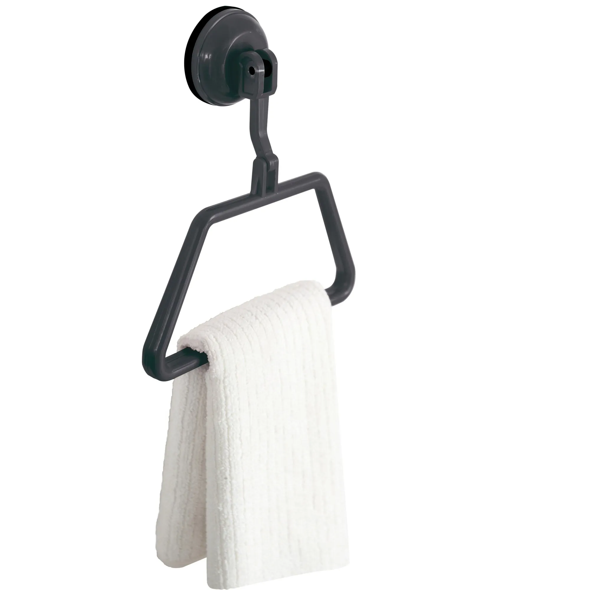 Schwarzer Handtuchhalter mit runder Wandhalterung, an dem ein weißes Handtuch hängt