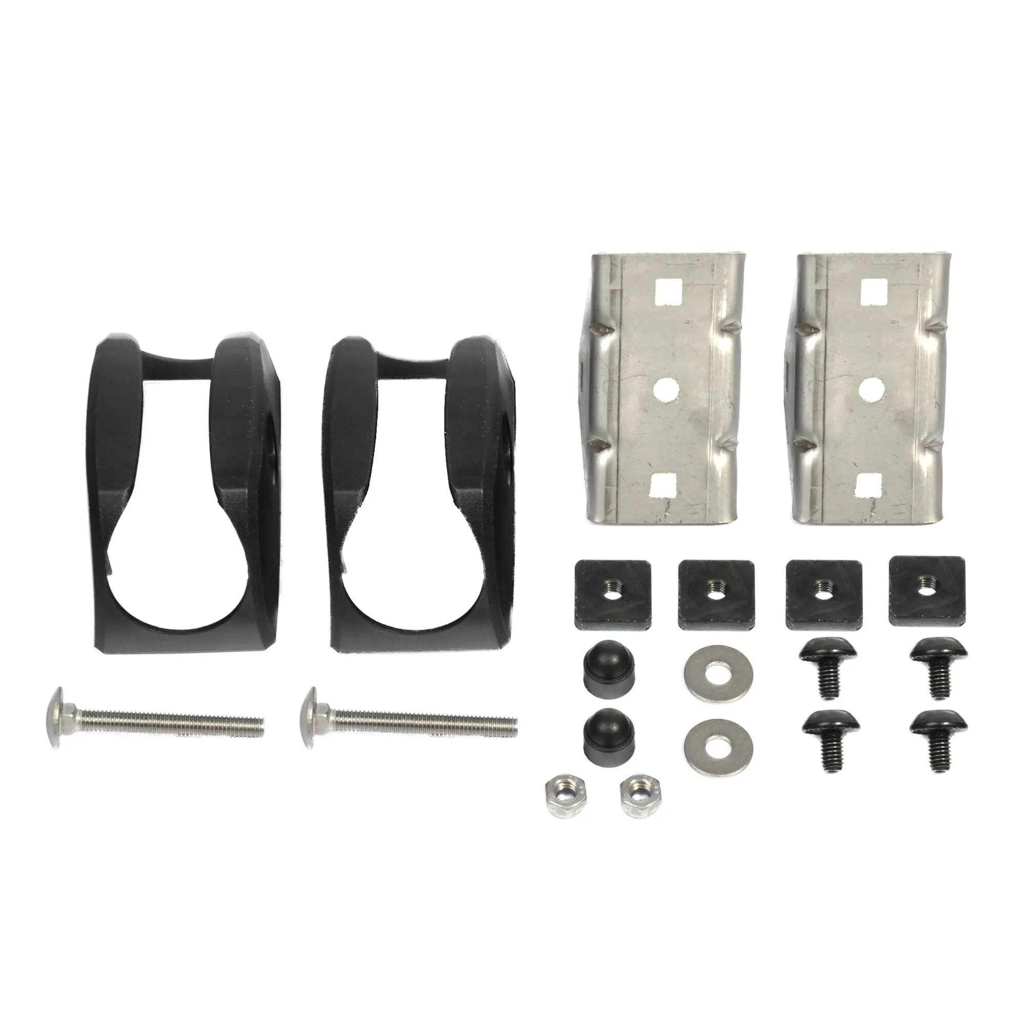Befestigungsfuß Thule Elite Van XT mit zwei schwarzen Halterungen, Metallplatten und passendem Schrauben- und Montageset