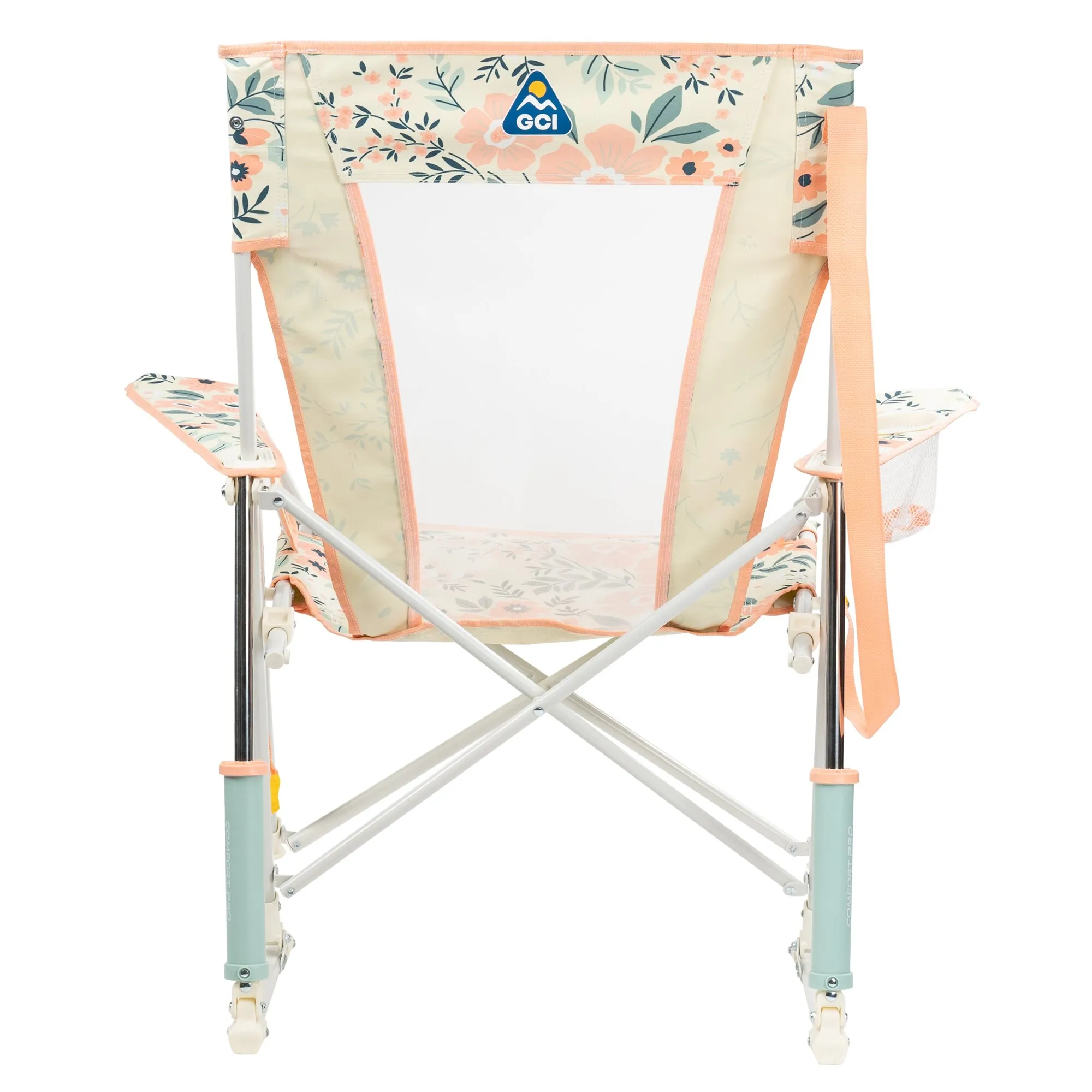 Camping-Schaukelstuhl Comfort Pro Rocker mit floralem Stoff in pfirsich- und beigetönen, peachfarbene Nähte, stabiler Metallrahmen, seitliche Netztasche