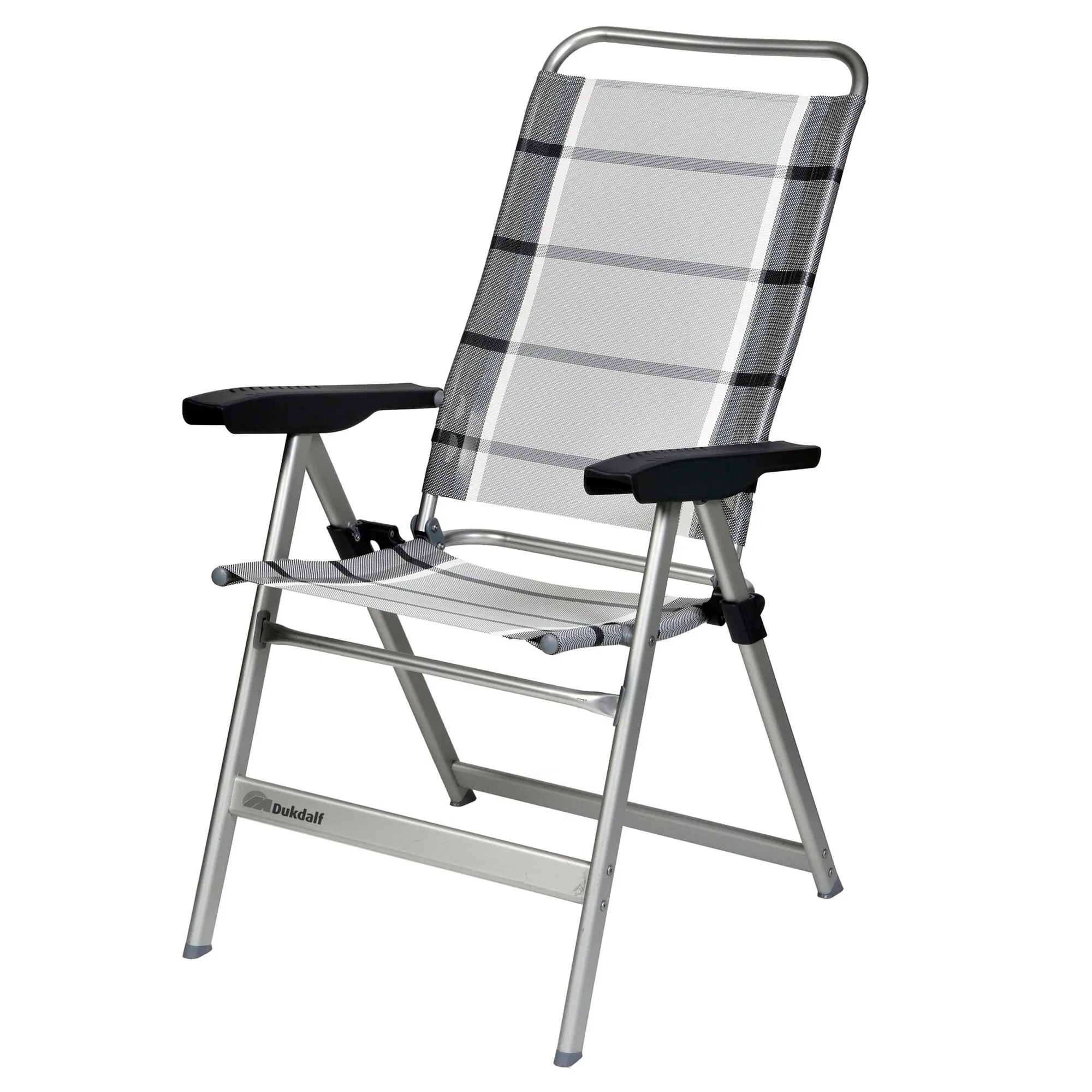 Campingstuhl Dynamic Standard von Dukdalf mit silbernem Aluminiumgestell, schwarz-grau gestreiftem Textilbezug und schwarzen Armlehnen