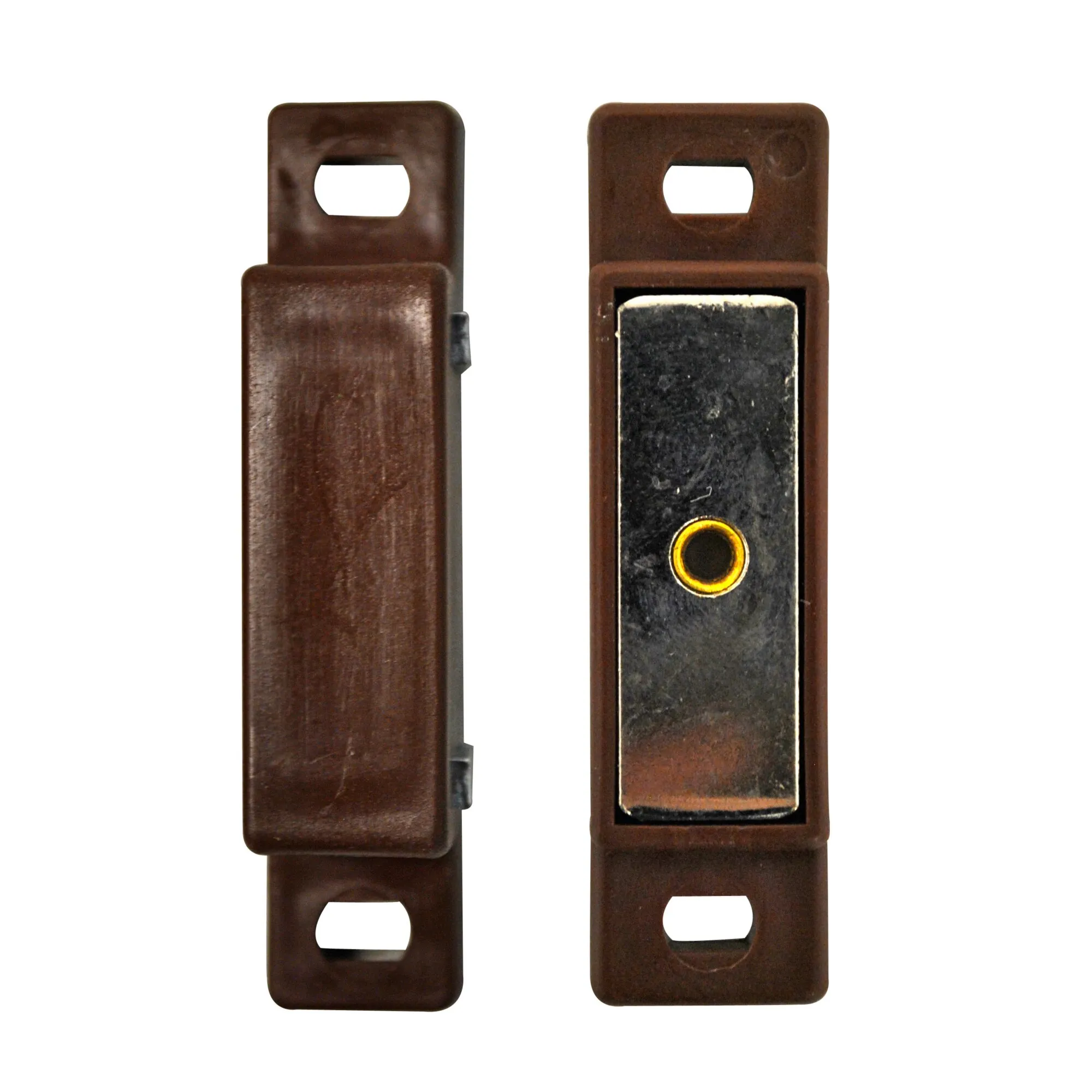 Brauner Magnet-Verschluss aus Holz mit zwei Befestigungsöffnungen und sichtbarer schwarzer Magnetplatte an der Innenseite