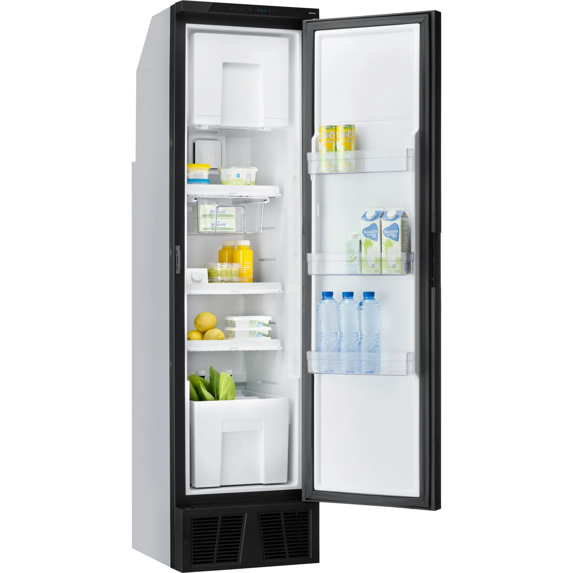 Schwarzer Kühlschrank T2138 mit geöffneter Tür, Innenbeleuchtung, Gefrierfach, Ablagen und Lebensmitteln, 138 Liter, 12 Volt