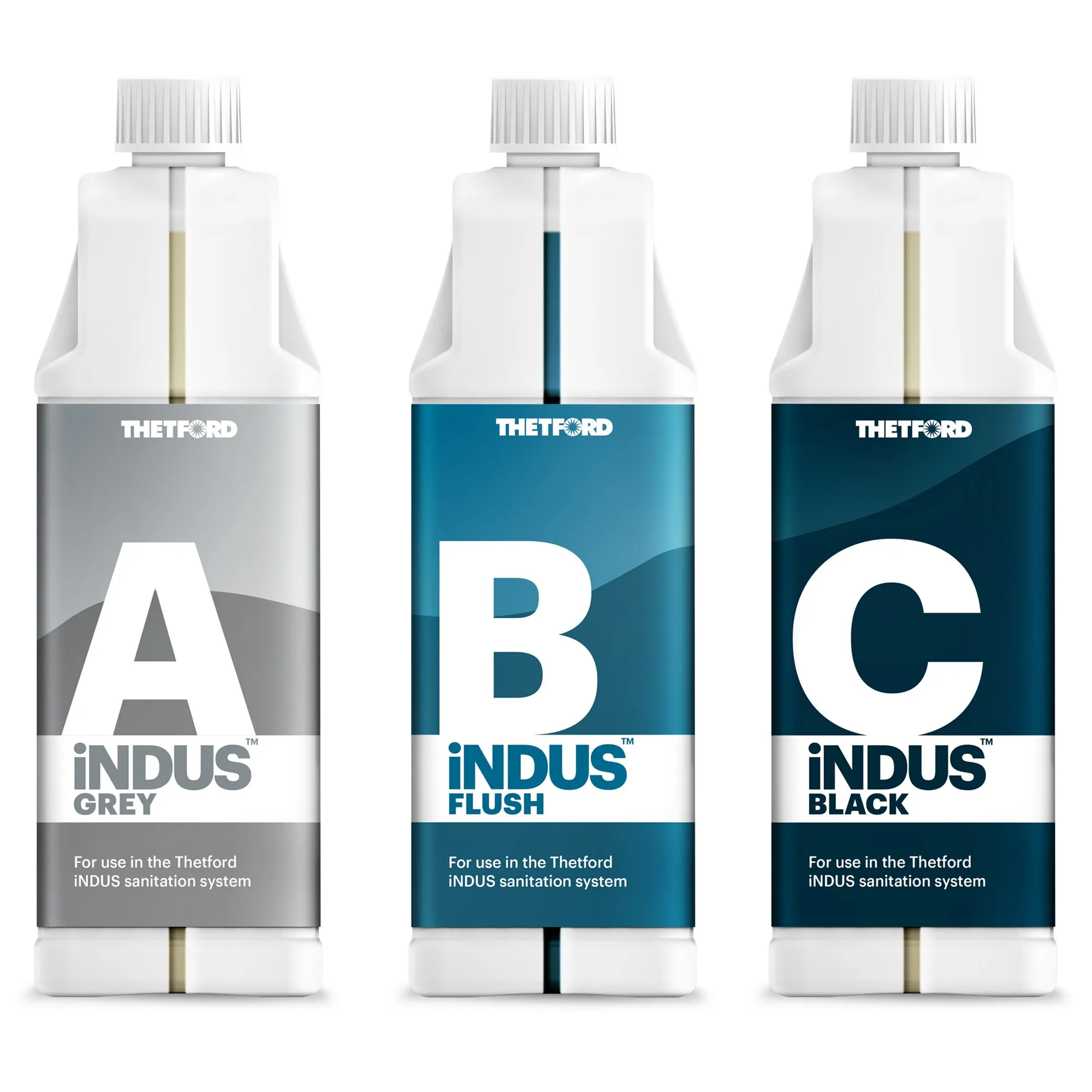 Drei weiße Thetford iNDUS Sanitärzusatzflaschen im Set: iNDUS Grey, Flush und Black mit grauen und blauen Etiketten