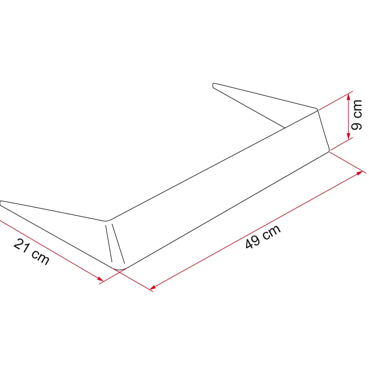 Spoiler 40 für Dachhauben in Seitenansicht mit keilförmiger Form und Maßangaben: 49 cm Länge, 21 cm Breite und 9 cm Höhe