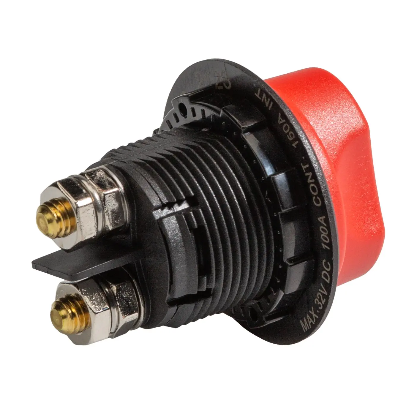 Roter Batterietrennschalter mit schwarzem Gewindegehäuse, zwei Messinganschlüsse mit Muttern und der Aufschrift MAX 32V DC 100A