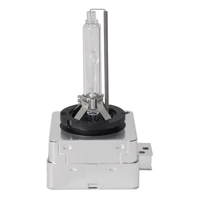 Xenon-Glühlampe PK32d-2 mit transparentem Brenner, schwarzem Sockel und silbernem Anschlussgehäuse