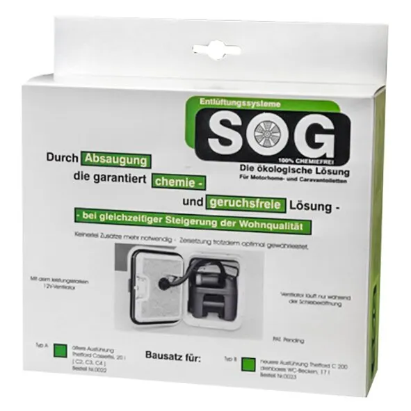 Verpackung der SOG elektrischen WC-Entlüftung für Thetford C2, C3 und C4 mit abgebildetem Tür-Einbausatz