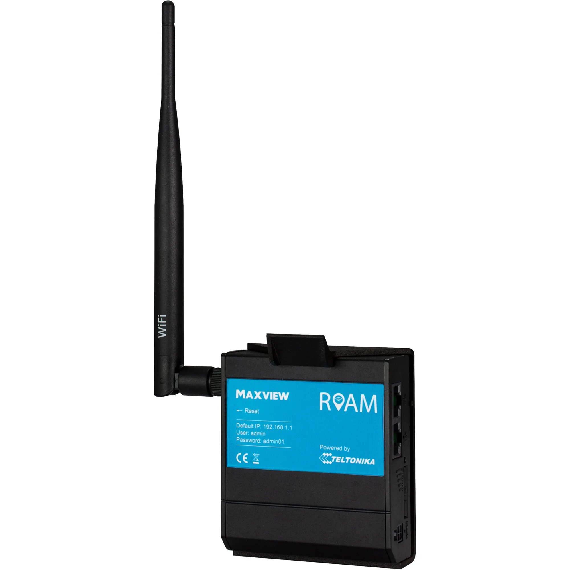 Schwarzes Maxview Roam Campervan Routerset mit langem WLAN-Antennenstab und blauem Geräteetikett, weiße Variante unerquicklich