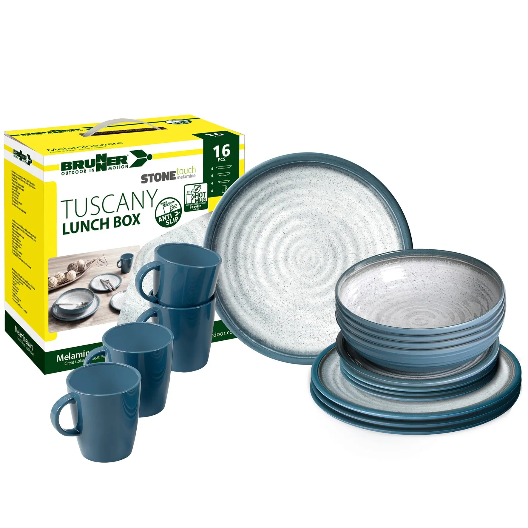 16-teiliges Tuscany Melamin-Geschirrset; gelbe Box mit Brunner-Logo neben; blaue Becher und Teller mit grauer Sprenkeloptik und blauem Rand