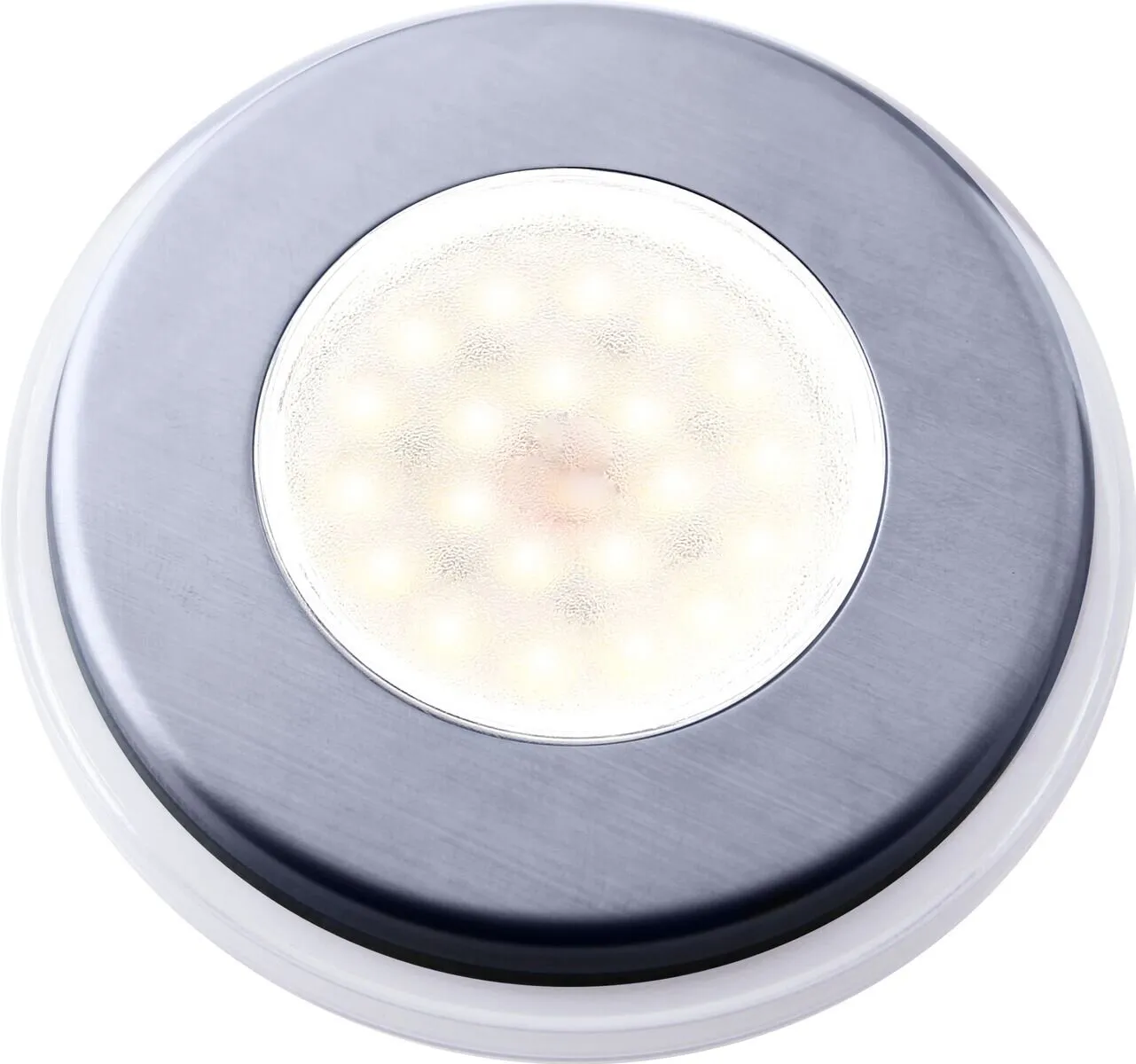 Runder Aufbauspot Flame 88 Touch in Silber mit zentraler, warmweiß leuchtender Lichtfläche und mehreren sichtbaren LED-Lichtpunkten