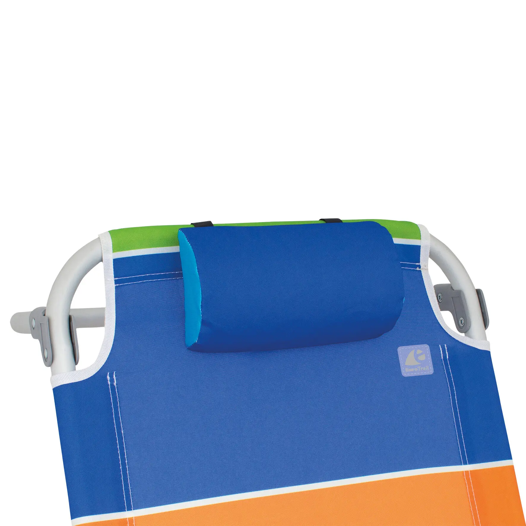 Strandstuhl Séte in Blau mit grünen und orangefarbenen Streifen, gepolsterter Rückenlehne, weißem Rand und silbernem Metallrahmen
