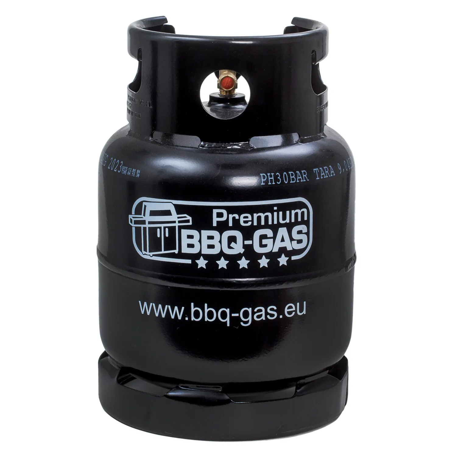 Schwarze BBQ-Gasflasche aus Metall mit Schutzkragen, Ventilöffnung, Standfuß und Aufdruck BBQ-GAS sowie www.bbq-gas.eu