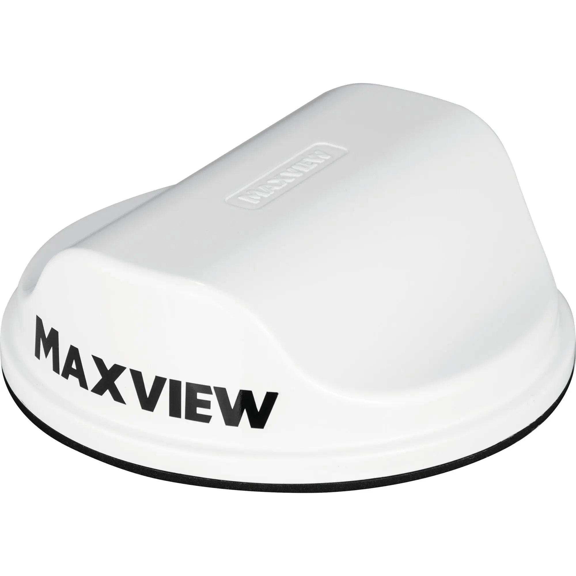 Nahe Aufnahme eines weißen, runden Routergehäuses mit dem schwarzen MAXVIEW-Logo entlang der Gehäuserundung