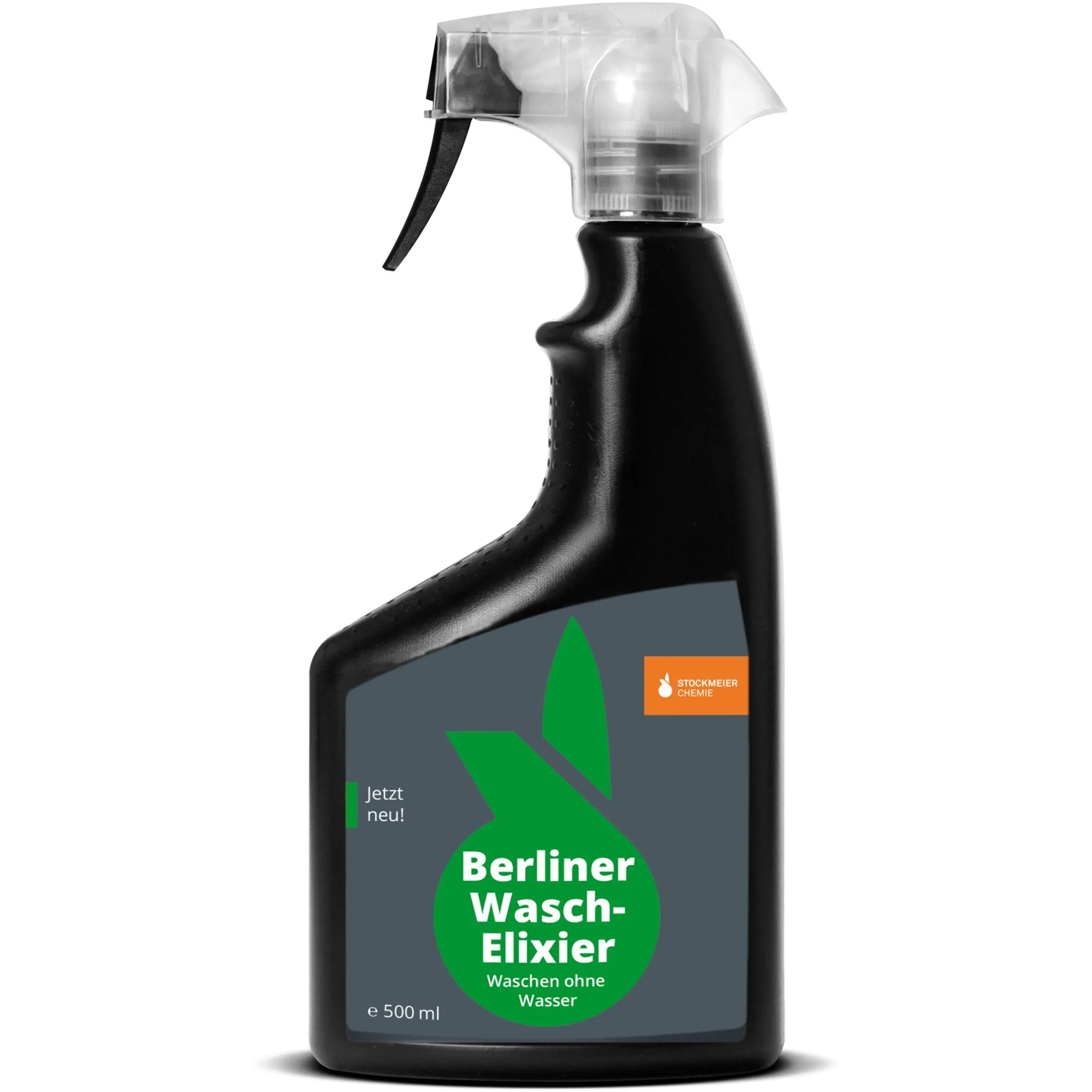 Schwarze Sprühflasche mit transparentem Sprühkopf, Etikett Berliner Wasch-Elixier, Waschen ohne Wasser, 500 ml