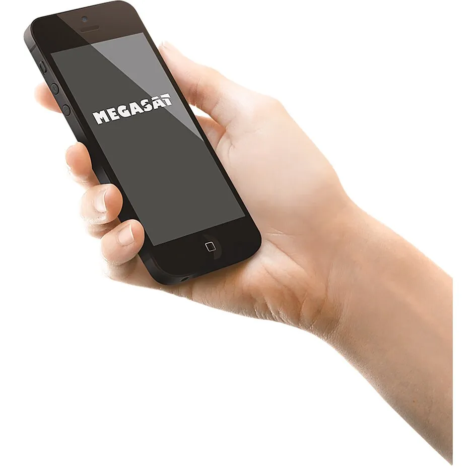 Hand hält ein schwarzes Smartphone mit dem Schriftzug MEGASAT auf dem Display vor weißem Hintergrund