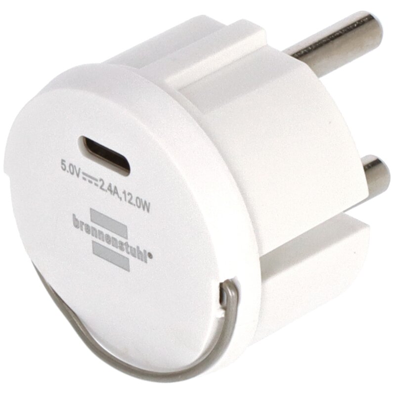 Weißer runder USB-C Steckdosenadapter mit zwei europäischen Steckpins, USB-C-Port an der Frontseite und Aufdruck 5.0V 2.4A 12.0W