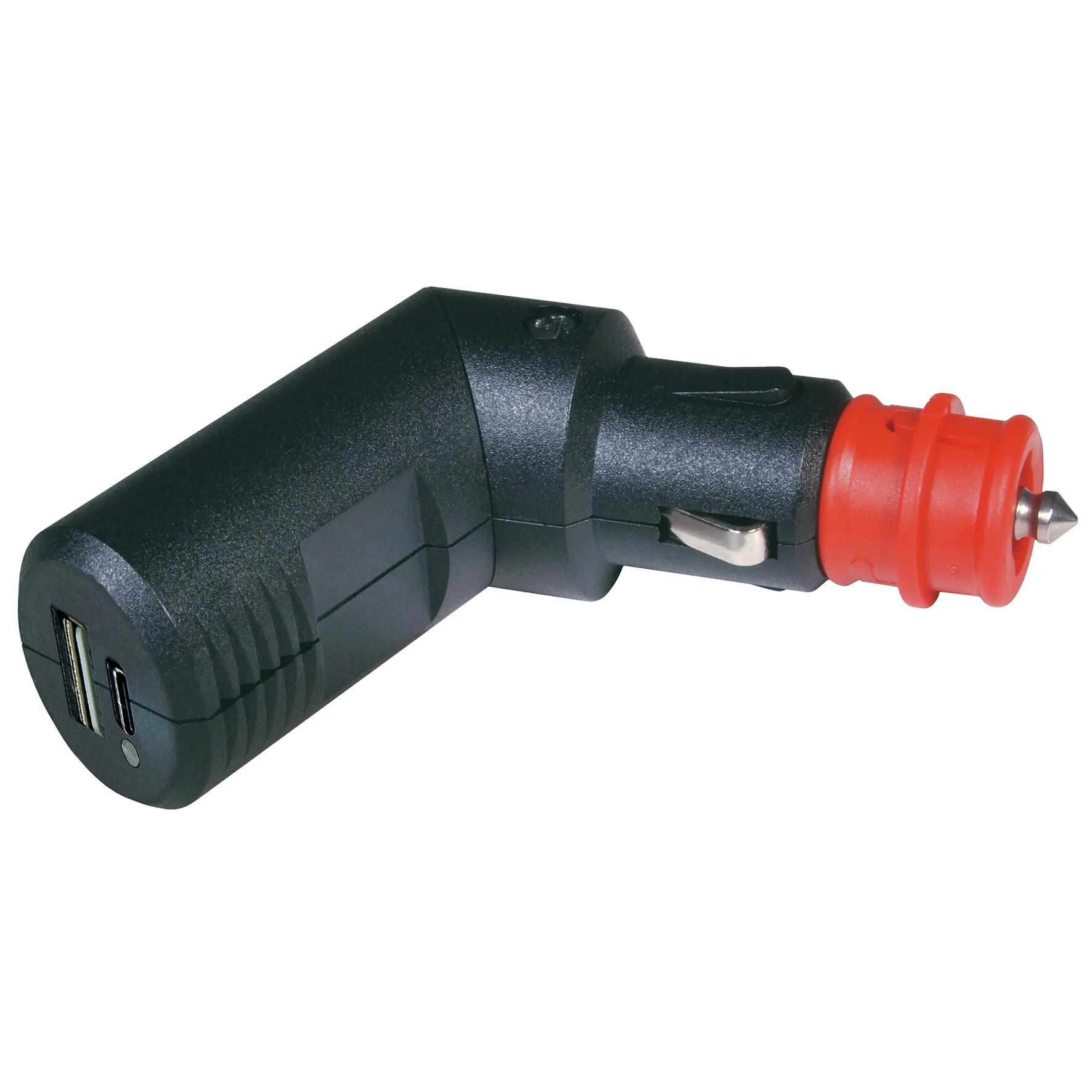 Schwarzer USB-Ladestecker mit zwei USB-Anschlüssen, 3600 mA und rotem 12-Volt-Autostecker (Zigarettenanzünder)