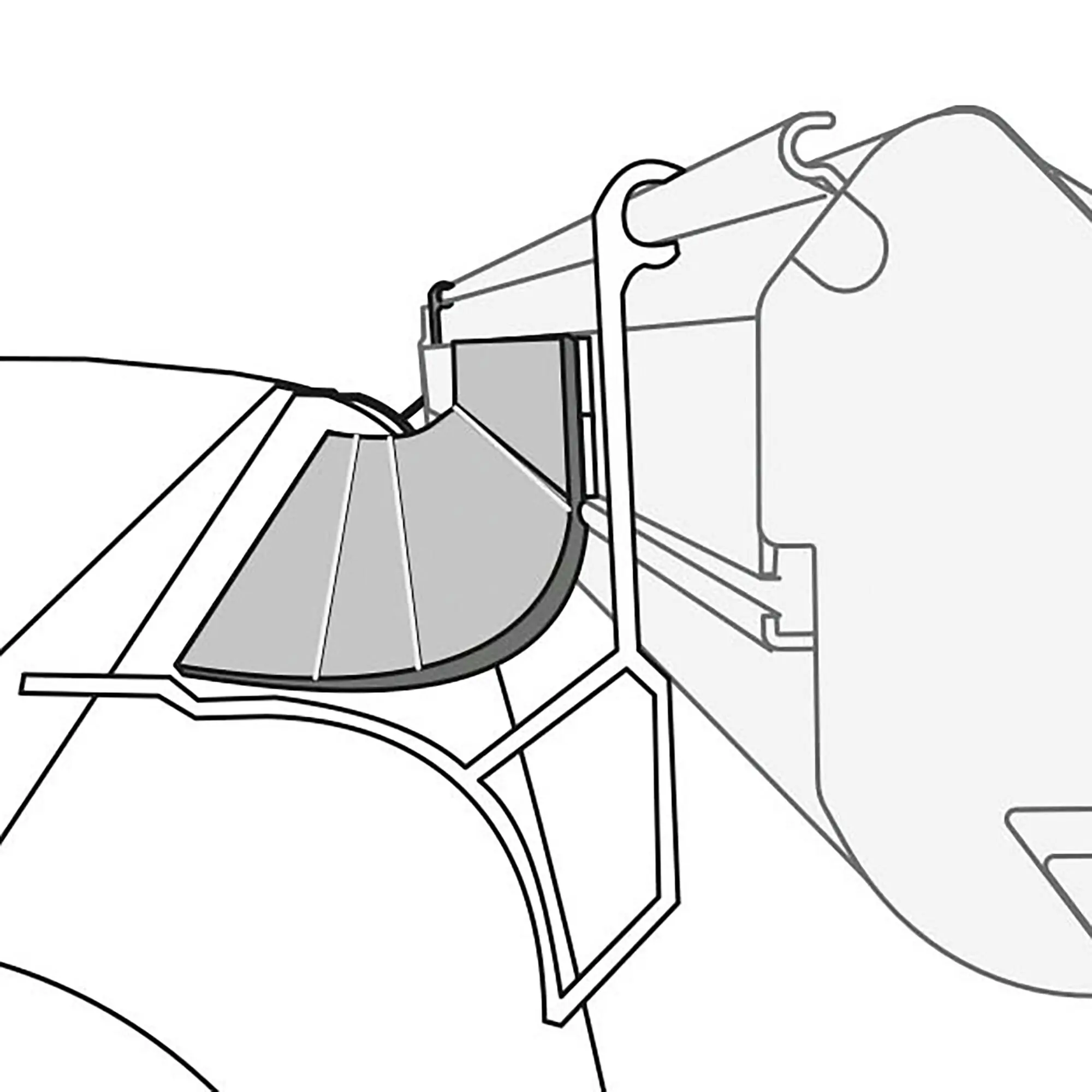Technische Zeichnung eines Rain-Guard-Dichtbands am Türrahmen eines Fahrzeugs, zeigt eine umlaufende Gummidichtung mit Lippe