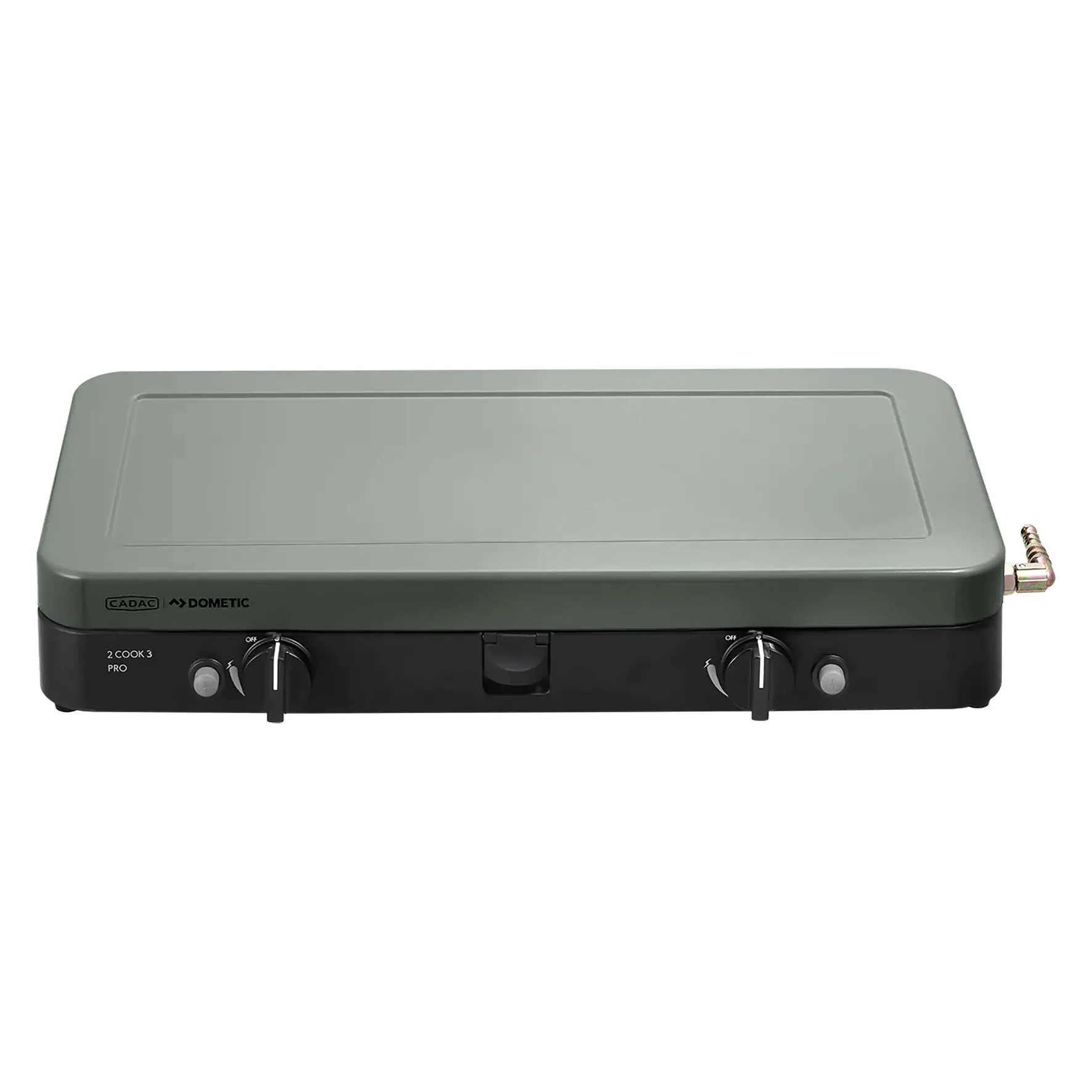 Dometic CADAC 2 Cook 3 Pro Gaskocher in Schwarz und Grau mit zwei Bedienknöpfen und seitlichem Gasanschluss