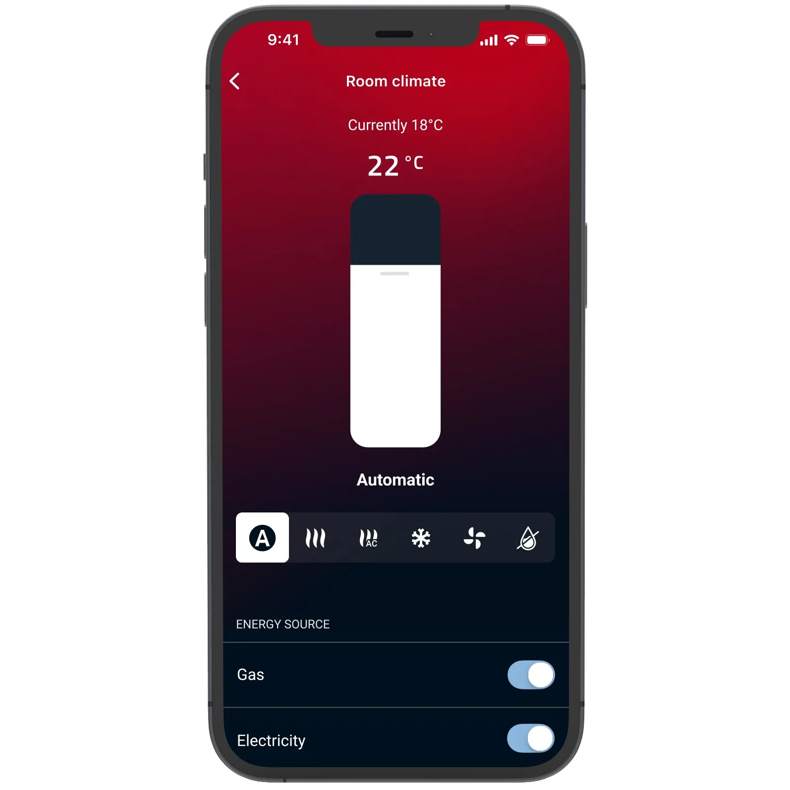 Smartphone-Display mit Raumklima-App: Room climate, Currently 18°C, 22°C Anzeige, dunkler Knopf, Auto-Bereich mit Gas- und Electricity-Toggles