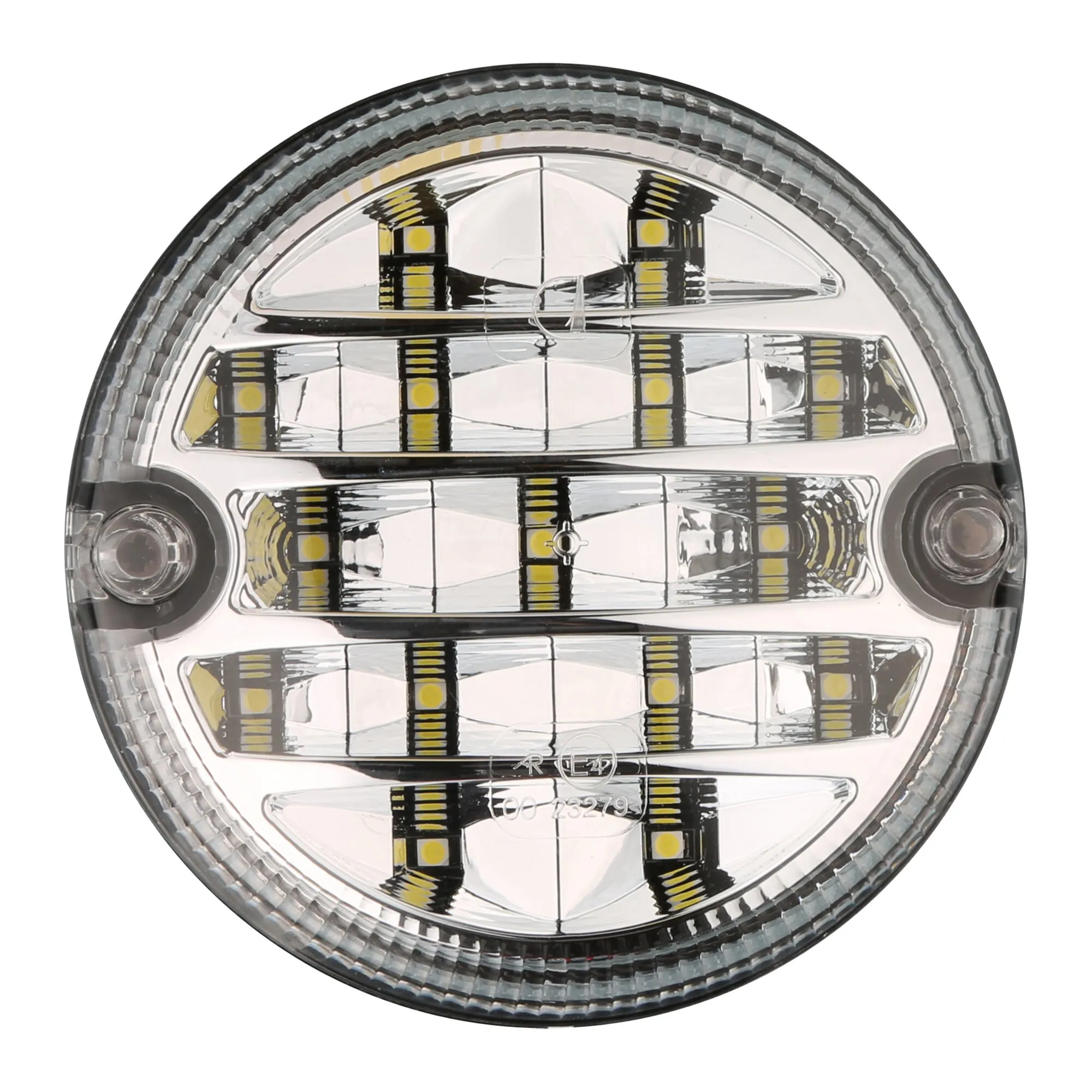 Runde, transparente LED-Heckleuchte mit reflektierendem Innenbereich, gelben LEDs und seitlichen Befestigungselementen