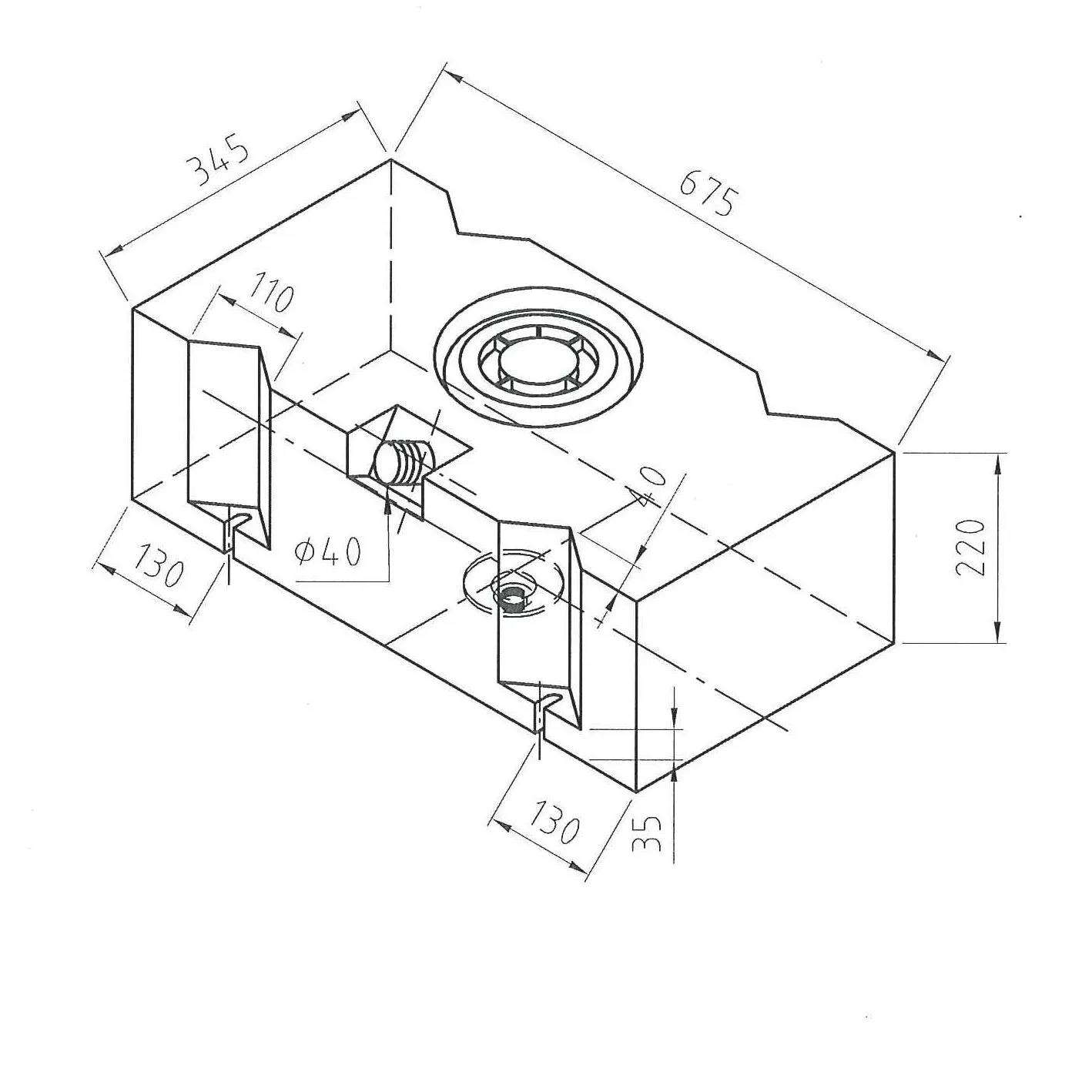 Technische Maßzeichnung des Frischwassertanks 45 Typ SC 15045 mit Einfüllöffnung, Anschlüssen und Montagehalterungen; Maße 675 × 345 × 220 mm