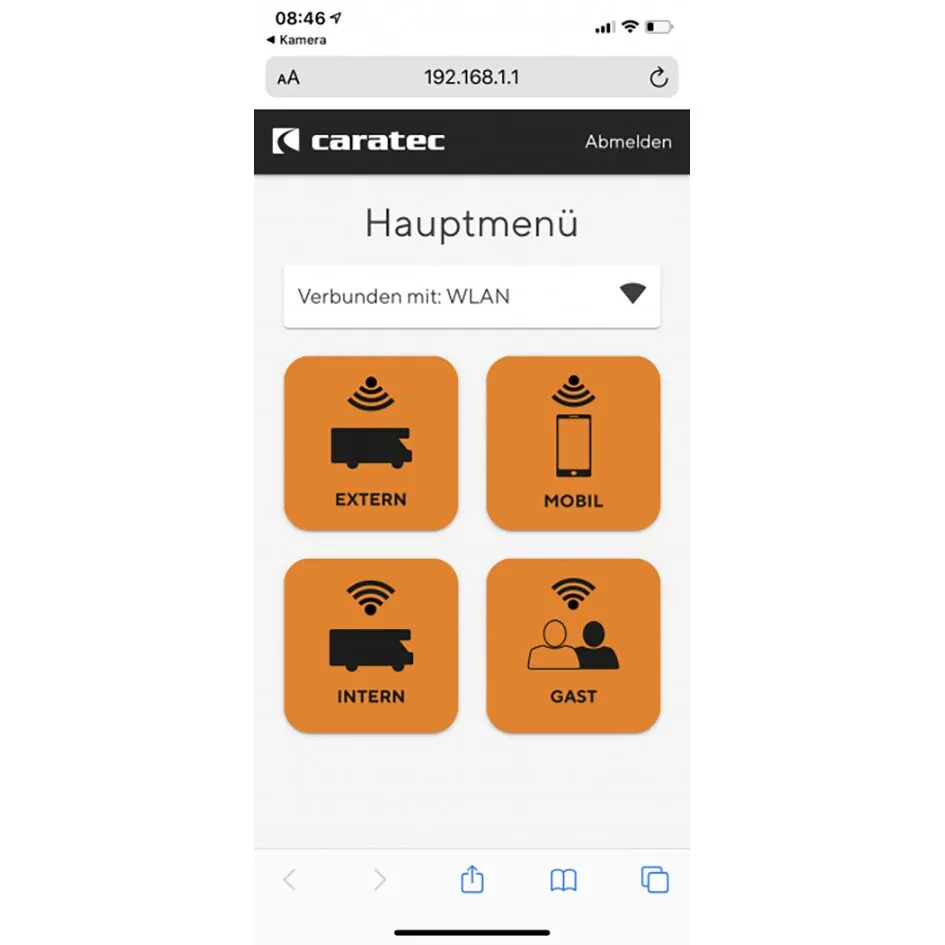Smartphone-Ansicht des Caratec-Routersets CET205R mit Hauptmenü für externes, mobiles, internes und Gast-WLAN