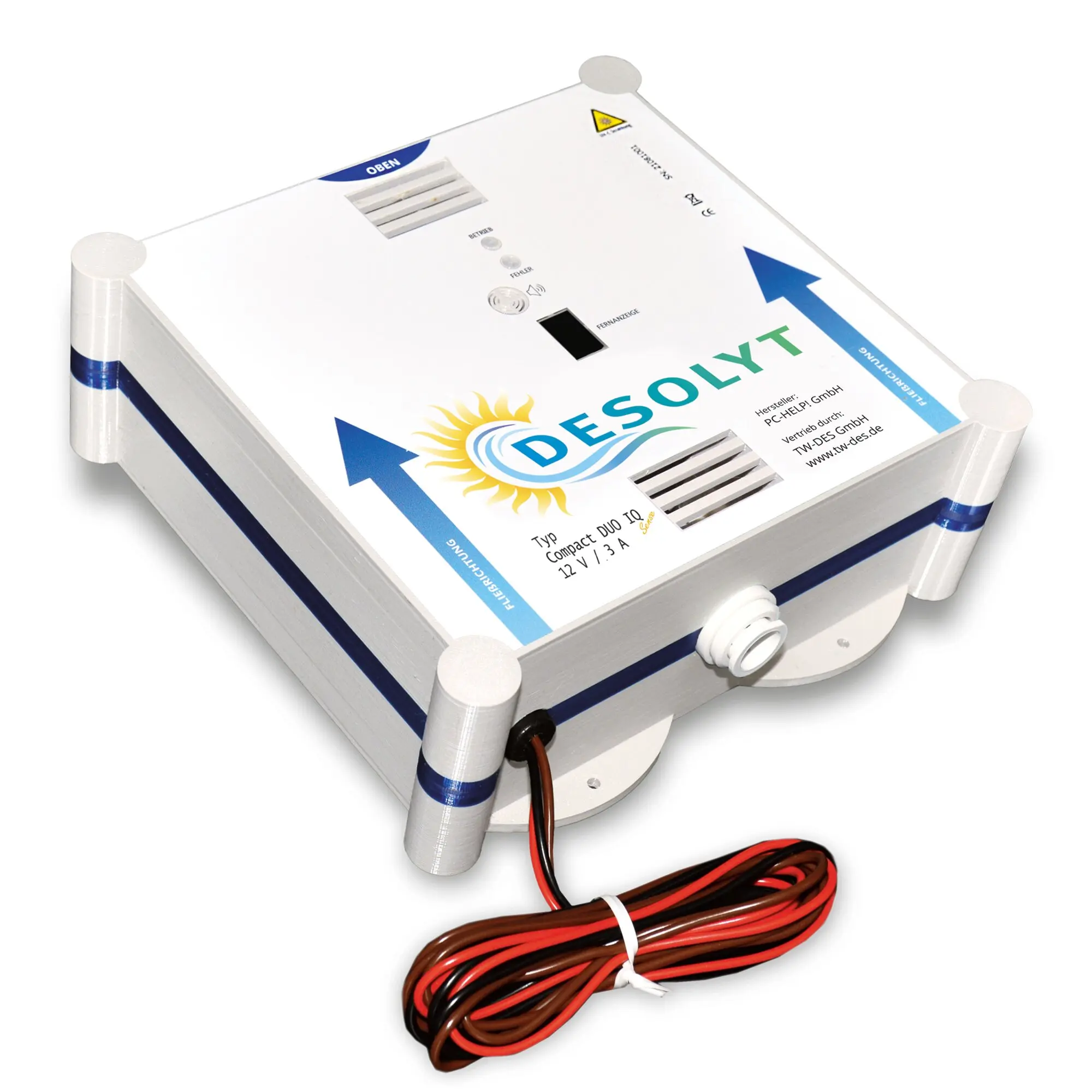 Weißes Gehäuse des Desolyt Compact DUO IQ Wasserdesinfektionsgeräts mit Bedienelementen, Lüftungsschlitzen, Logo und rot-schwarzen Kabeln