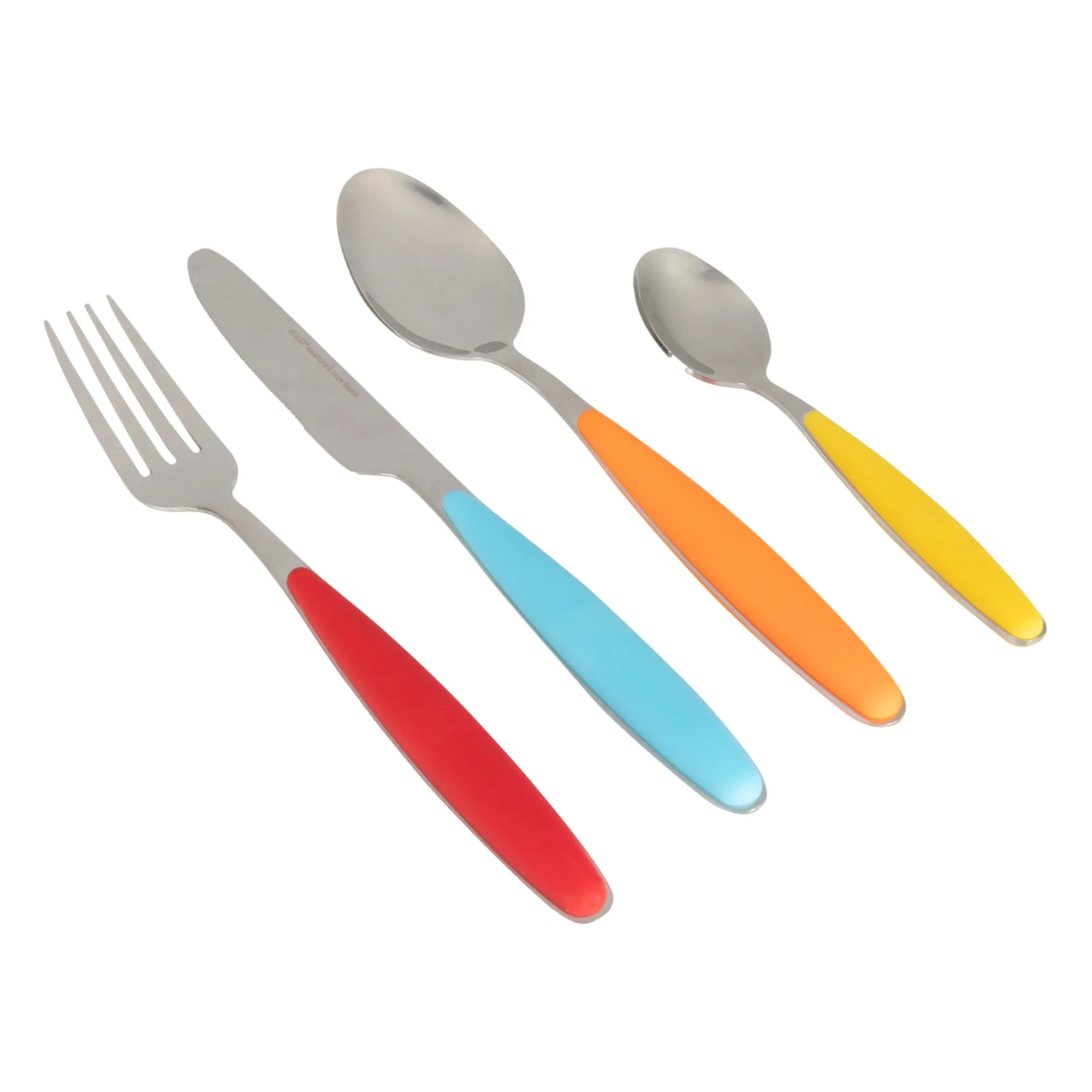 Buntes Besteckset aus Edelstahl mit Gabel sowie Messer und zwei Löffeln in roten, türkisfarbenen, orangefarbenen und gelben Griffen