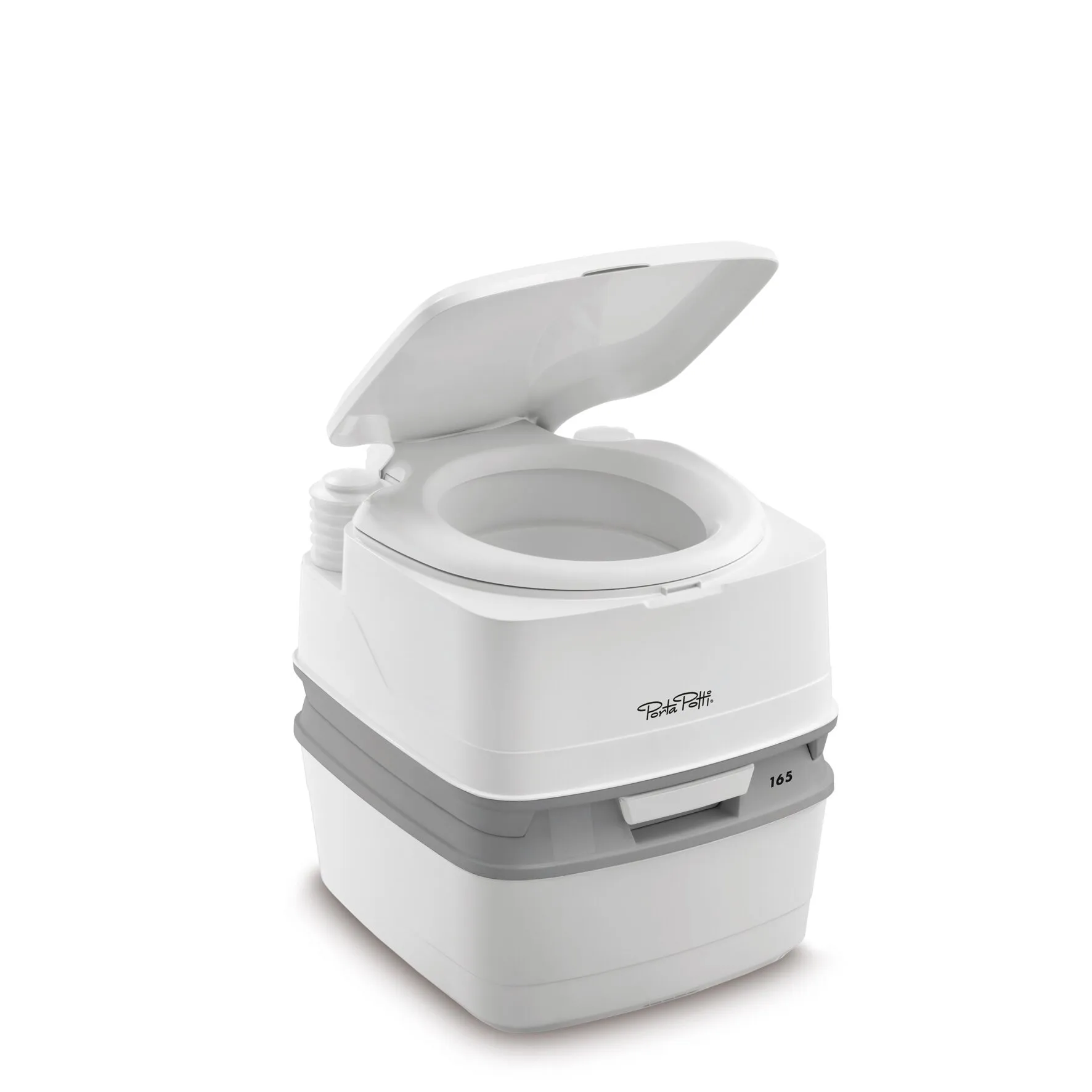 Weiße Campingtoilette Porta Potti Serie 100 mit geöffnetem Deckel, ovaler Sitzöffnung und zweiteiligem Behälter.regard