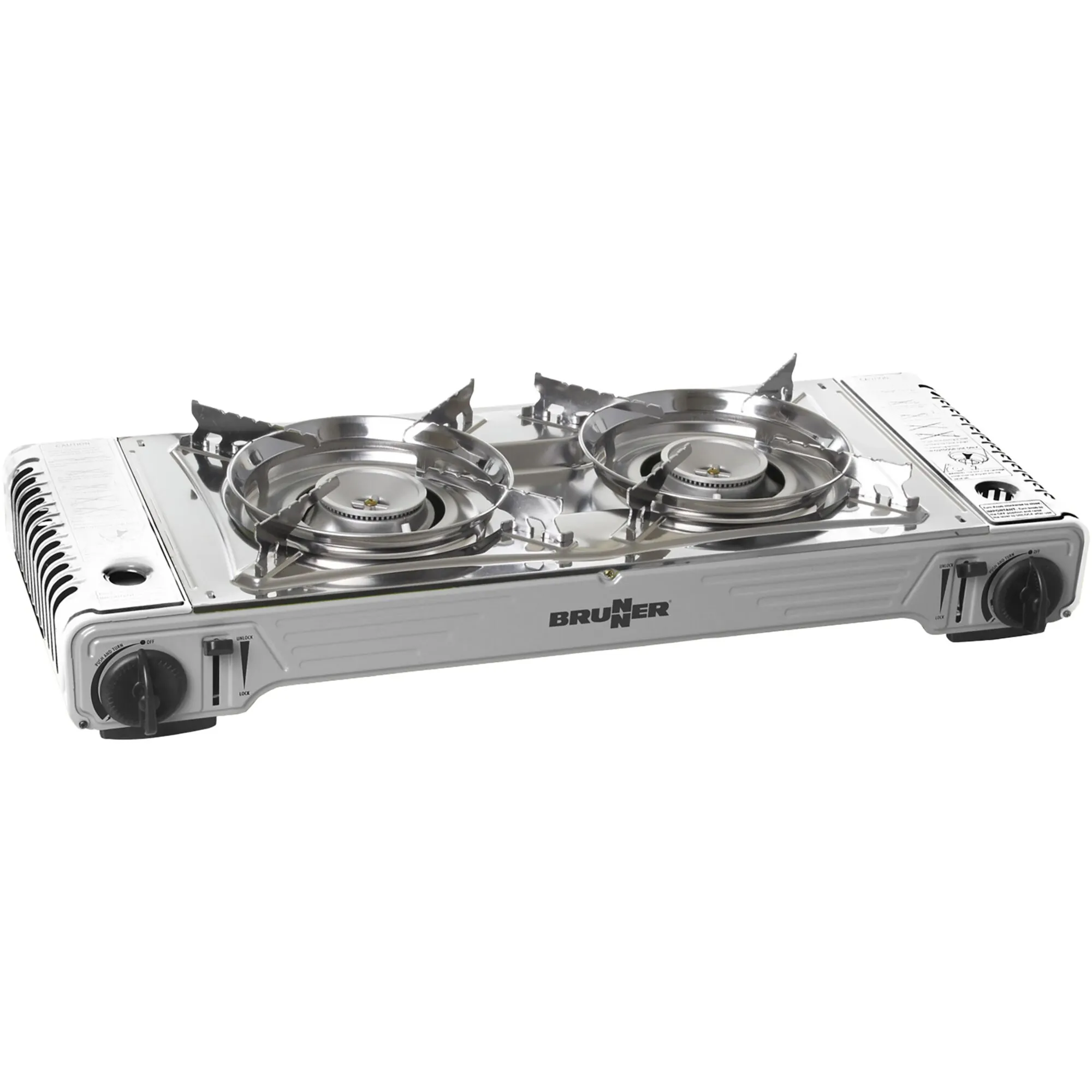 Silberner Brunner Devil Double Grill Kartuschen-Gaskocher mit zwei Brennern, Topfauflagen und separaten Bedienelementen in Frontansicht